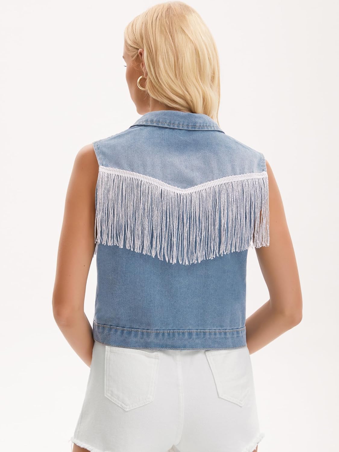 Women's Denim Vest Button Down Sleeveless Tassel Trim Fringe Western Outfits Jean Vests - Image 4