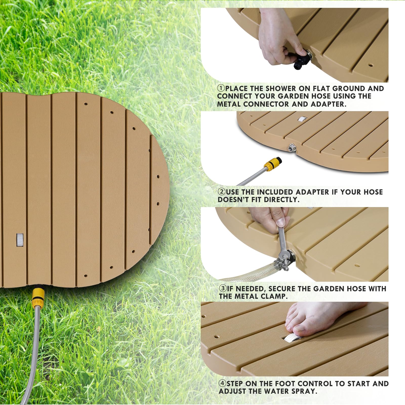 CCLIFE Ducha De Suelo Exterior Jardin con Ruedas,Altura De la Fuente 4m,PP,Antideslizante, para Acampar En El Jardín,Madera