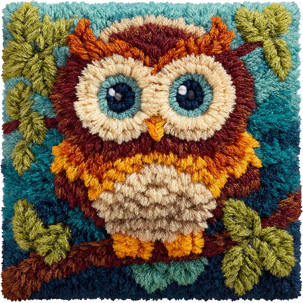 Taxpy Latch Hook Cushion Kits, Animal Owl Pillow Case Rug Cover Beginner DIY Needlework Embroidery Kits Handmade Set 43 * 43cm