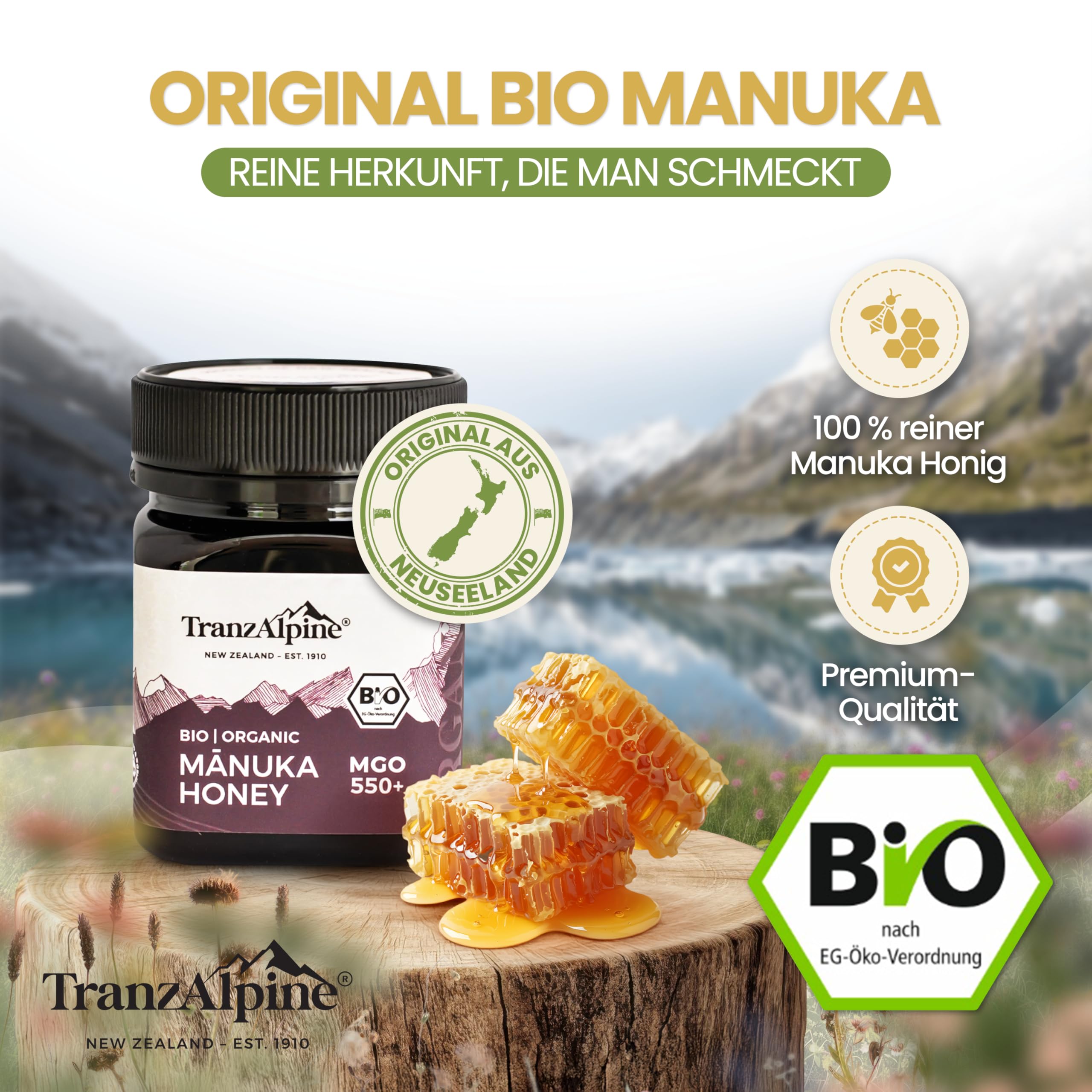 TranzAlpine Manuka Honig BIO-zertifiziert 250g - MGO 550+ | 100 % reiner Premiumhonig aus Neuseeland - Laborgeprüft & Original-Imkerabfüllung