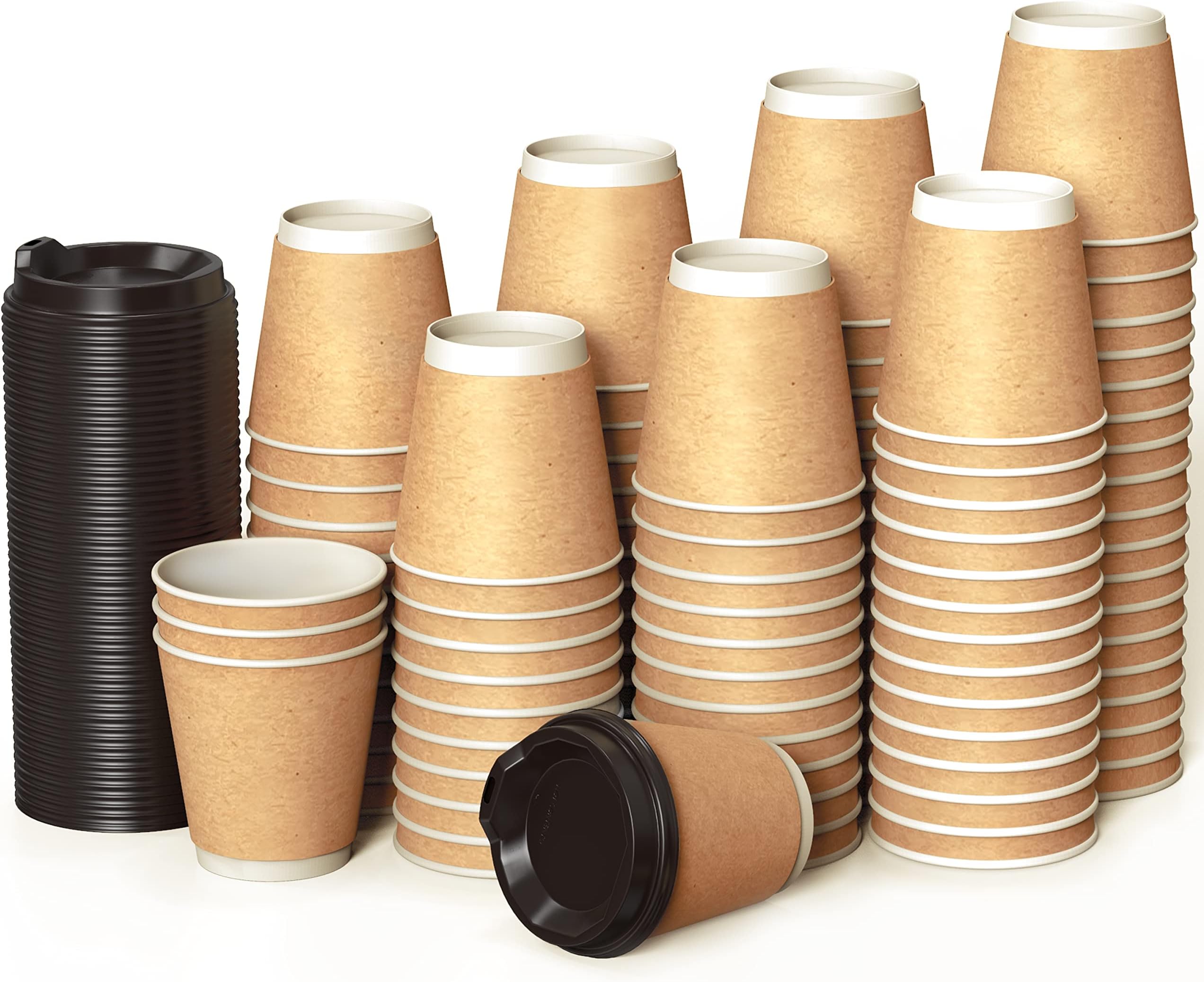 100 Double Walled 8 Oz Kraft Paper Cups to Go with Lids and Wooden Stirrers for Serving Coffee, Tea, Hot and Cold Drinks