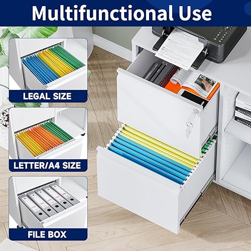 Miniatura 4 de Yizosh Archivador de metal de 2 cajones con cerradura, archivador lateral móvil, soporte de impresora con estantes de almacenamiento ajustables para