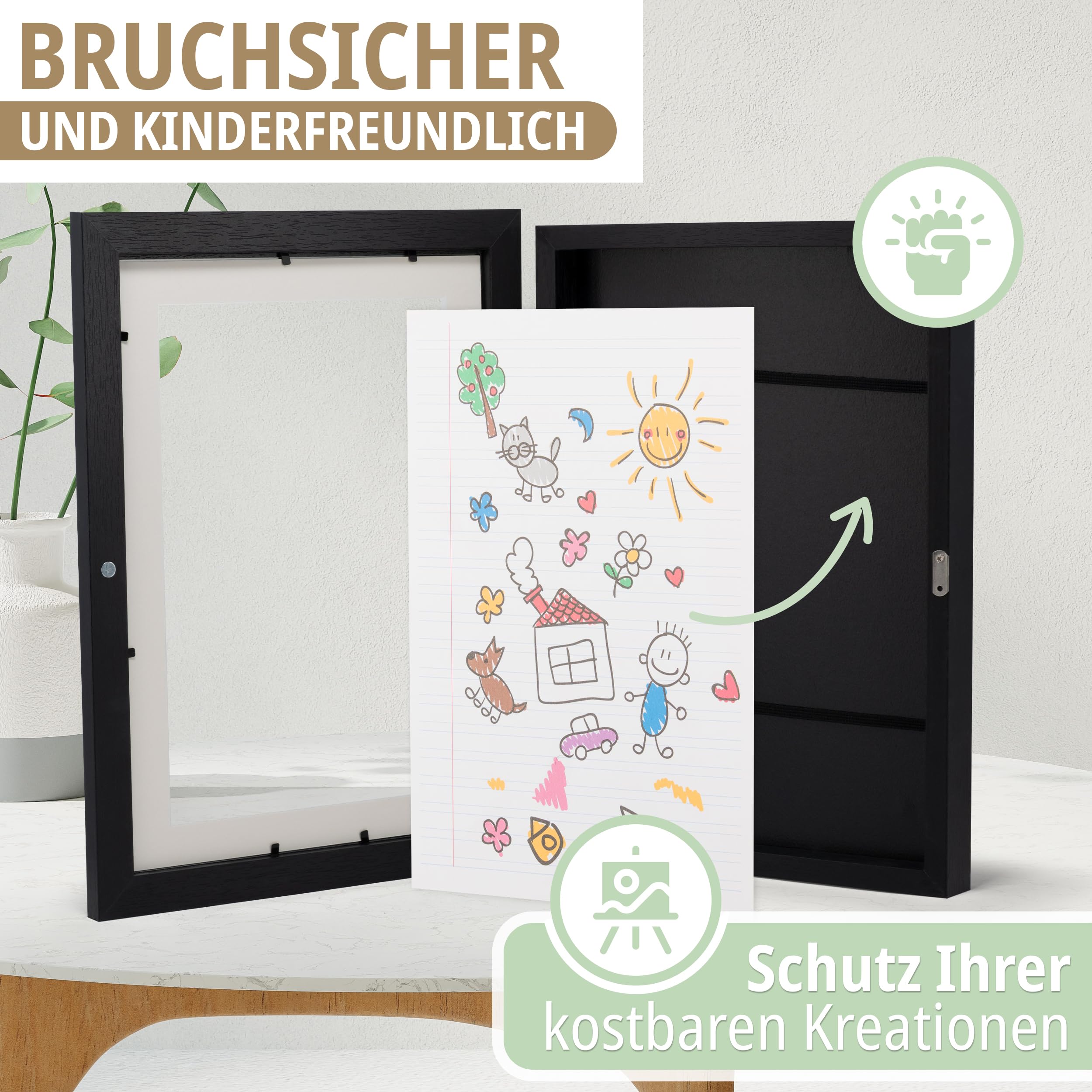 KIYARI Bilderrahmen Kinderzeichnungen A3 Schwarz, Aufklappbar & Frontöffnung, für bis zu 150 Zeichnungen, Robustes Holz & bruchsicheres Glas, Ideal für Kunstprojekte, Kinderzimmer & Schule