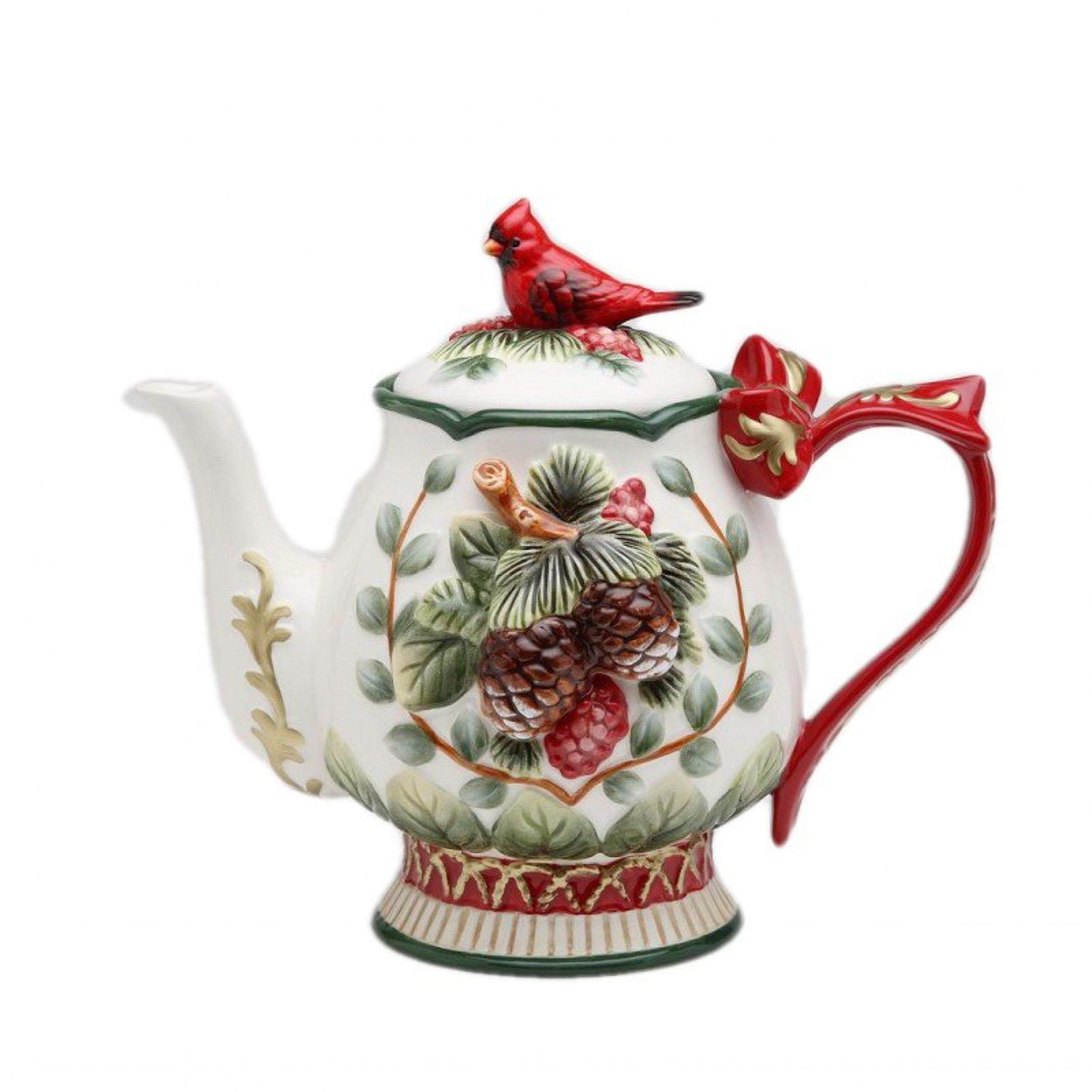 Fine Ceramic Hand Painted Cardinal and Evergreen Pine Cone Design with Red Ribbon Handle Teapot, 8-1/8" L