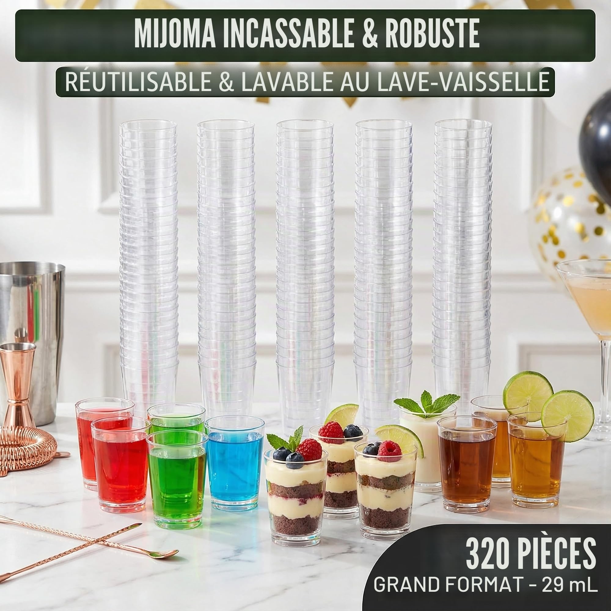 MIJOMA Lot de 320 verres à liqueur incassables en plastique robuste, verres à shot Jello, desserts, fête, mariage, anniversaire. Passe au lave-vaisselle, réutilisables, 29 ml (Transparents)