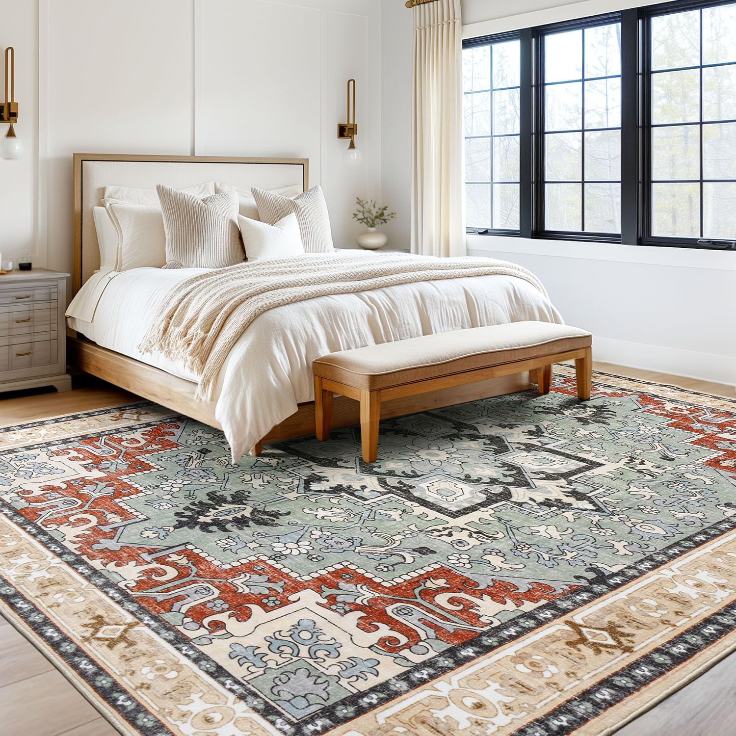 Lofus 5x7 Area Rugs for Living Room and Bedroom, Machine Washable Rug for Kitchen Office, Non Slip Low Pile Carpet for Kids and Pets, Vintage Boho Soft Carpets, Beige Orange