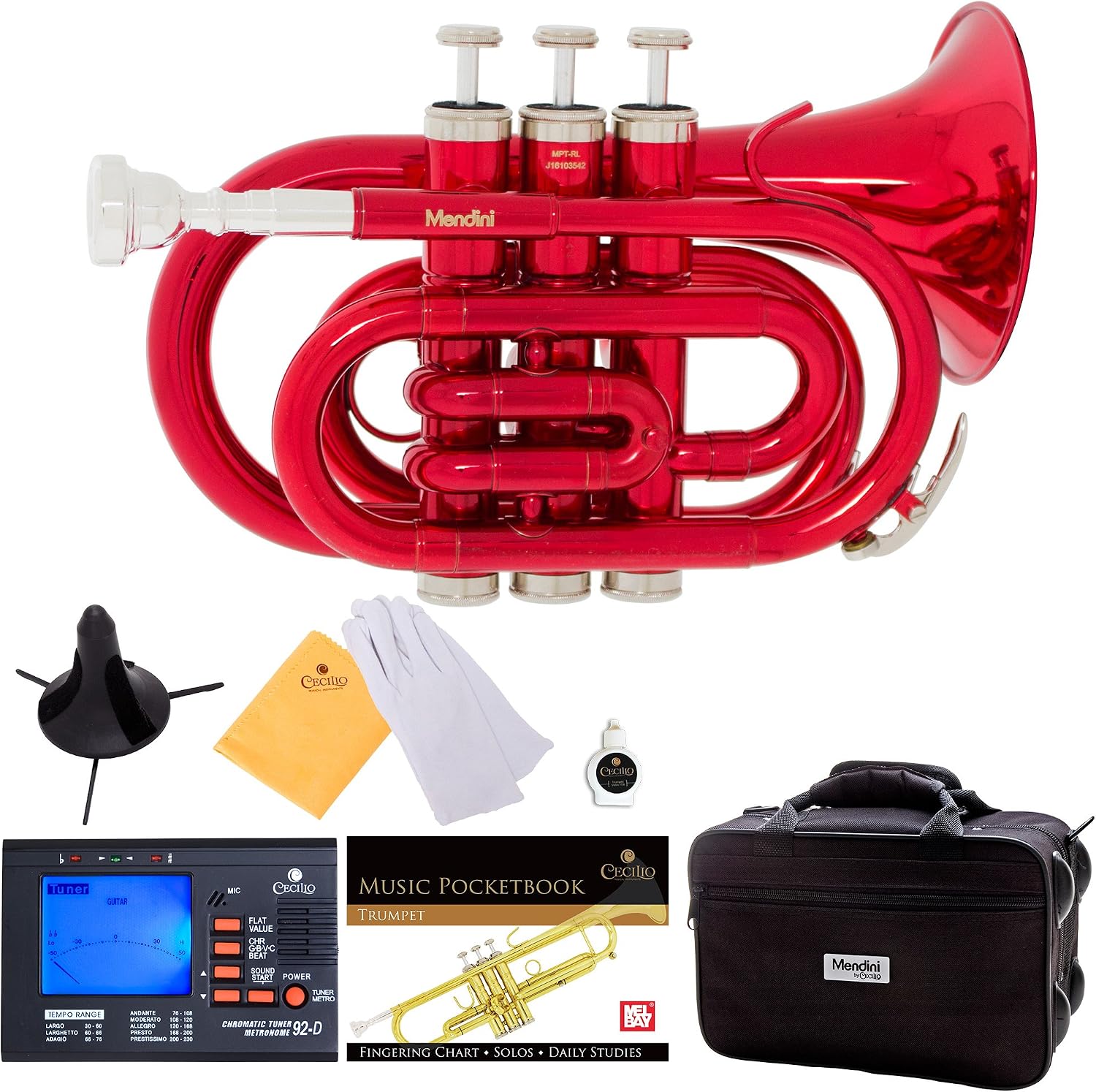 Mendini MPT-RL Red Lacquer Brass Bb Pocket Trumpet with One-Year Warranty, Tuner, Stand, Pocketbook, Mouthpiece and Deluxe Case