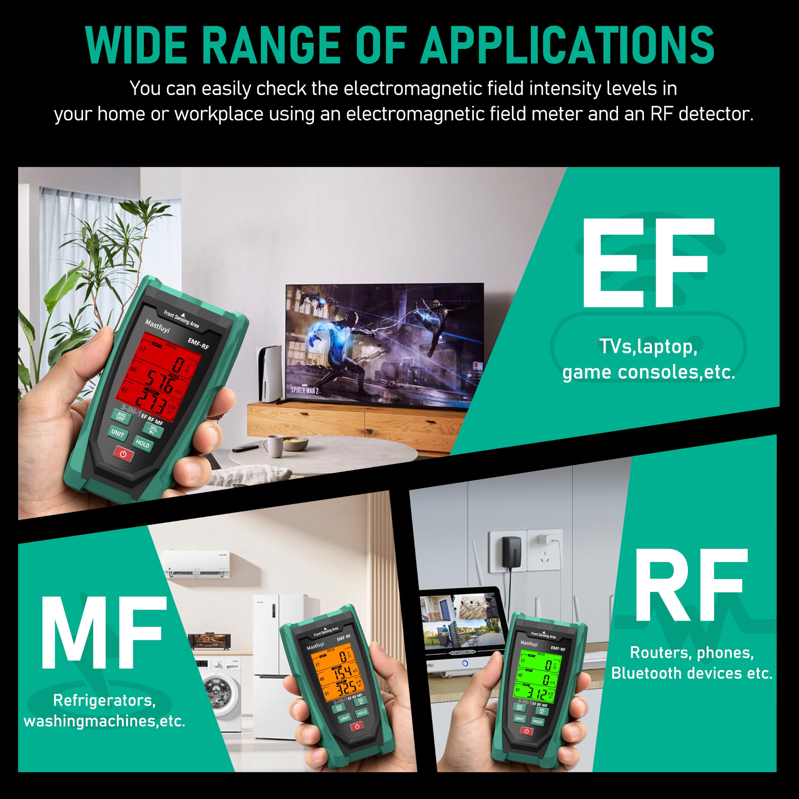 Miernik EMF, 3 w 1 elektromagnetyczne promieniowanie pola do EF/MF/RF