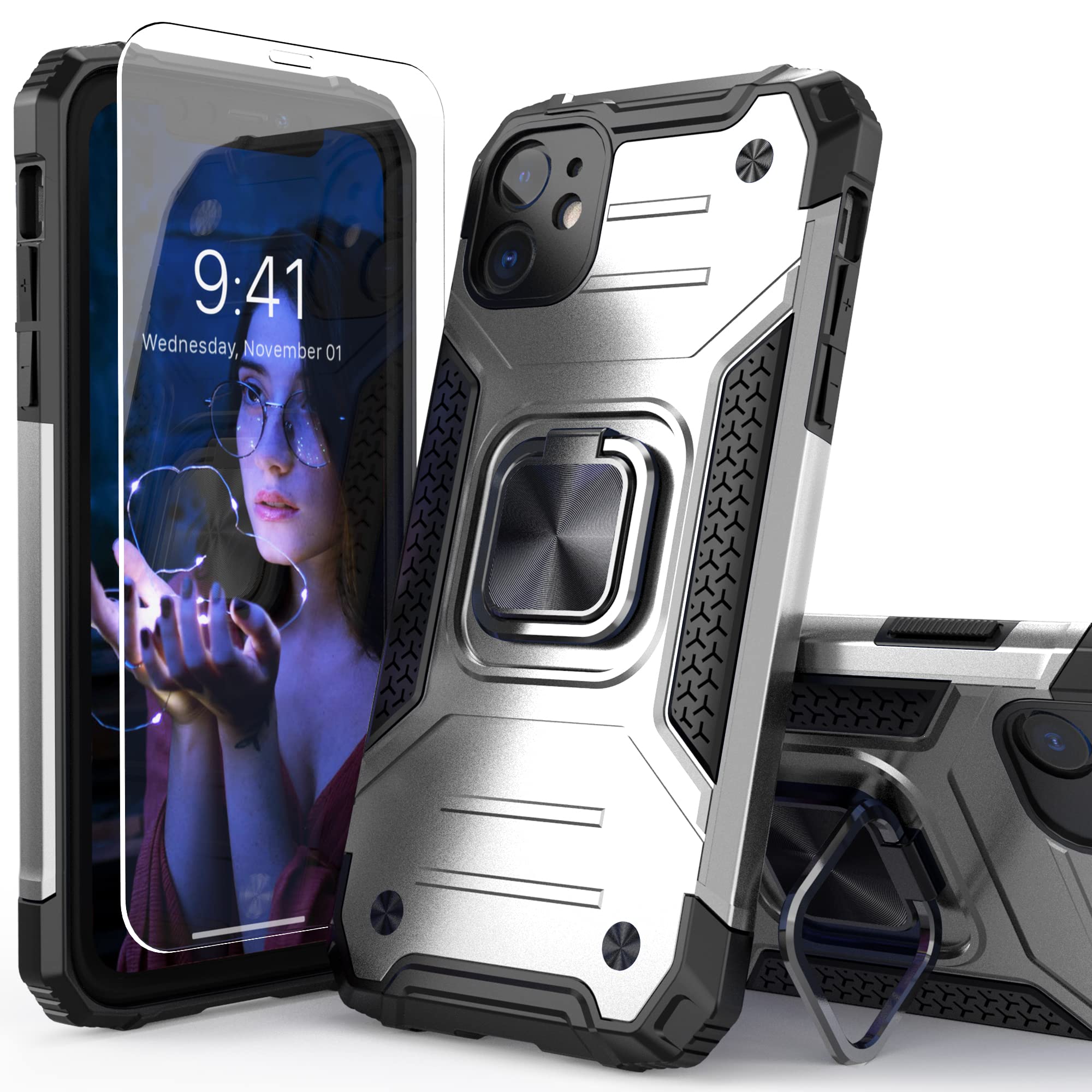 IDYStar iPhone 11 Case with Screen Protector,iPhone 11 Case,Shock Absorption Heavy Duty Durable Drop Test Slim Cover with Car Mount Kickstand Lightweight Protective Phone Case for iPhone 11,Silver