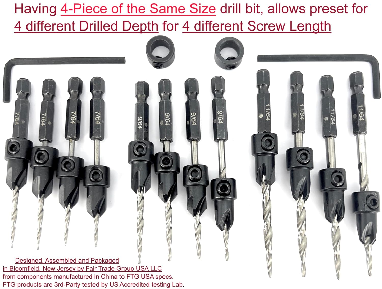 FTG USA Countersink Drill Bit Set 4 Pc #4 (7/64"), 4 Pc #6 (9/64"), 4 Pc #8 (11/64") with Tapered Drill Bits for Woodwork with Storage Container