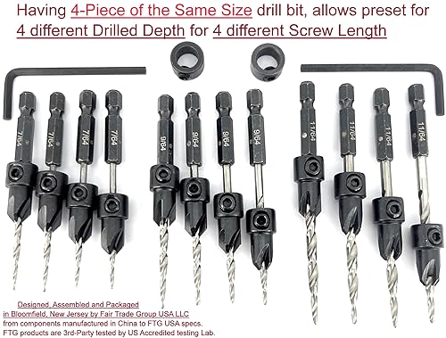 Miniatura 6 de FTG USA Juego de 4 brocas avellanadoras #4 (764 pulgadas), 4 piezas #6 (964 pulgadas), 4 piezas #8 (1164 pulgadas), broca cónica para carpintería,