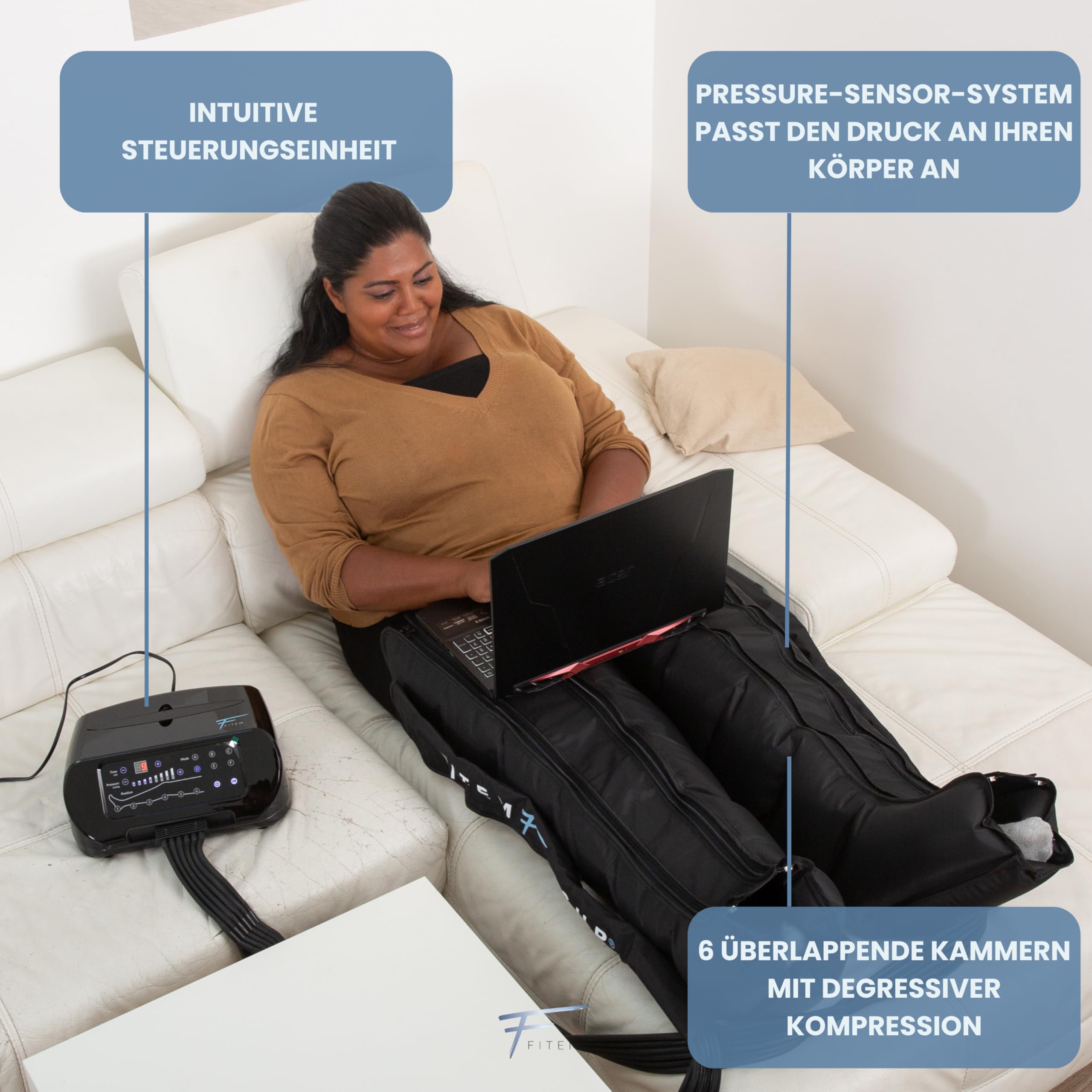 Fitem Pressotherapie-Stiefel mit 6 Programmen – 6 Kammern – Tiefenmassage für Beine, Füße – Lymphdrainage, schwere Beine, Ödem, Lymphödem, Lipoödem, Cellulite, Erholung beim Sport (L) | 6 Massagemodi, Massage für Beine & Füße, Lymphdrainage, schwere Beine