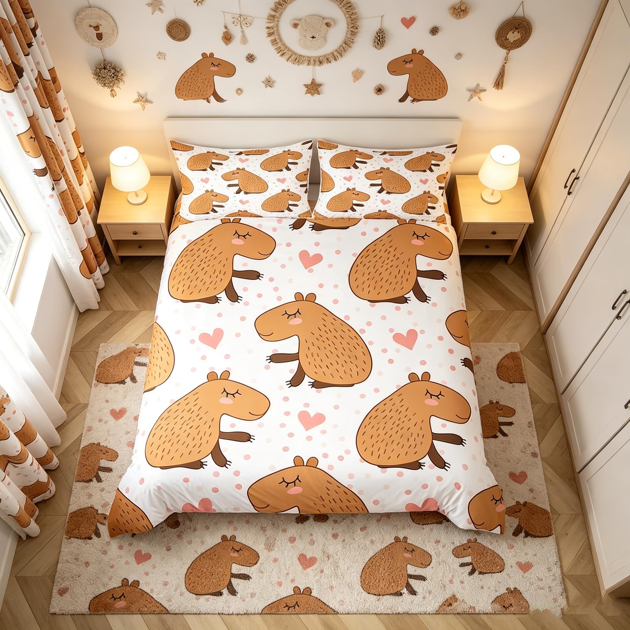 Parure capybara rose à pois pour créer un cocon de douceur dans une chambre de fille ou garçon