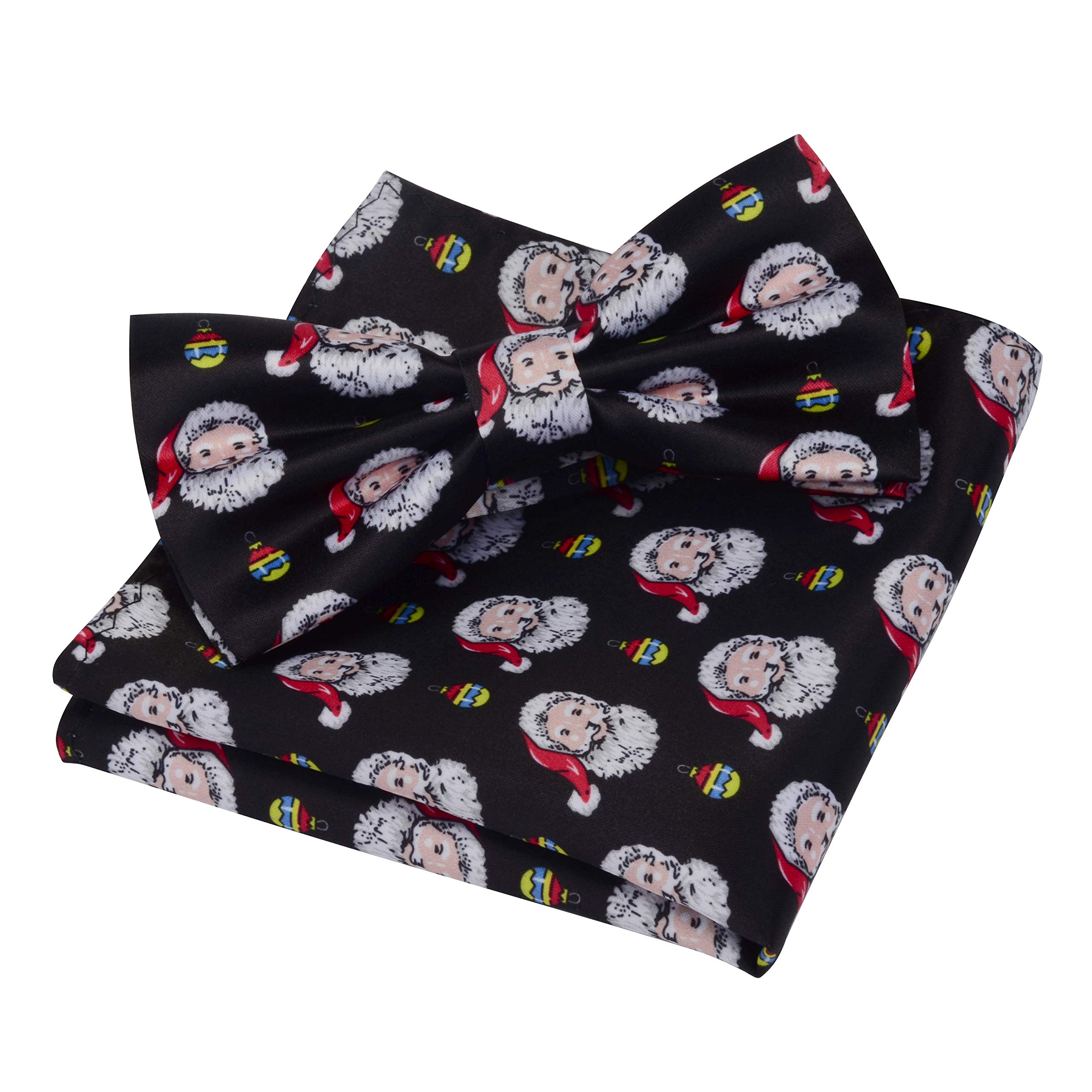 Gusleson Christmas Black Bowtie and Pocket Square Santa Claus Pattern Pre-tied Adjustable Bow Ties Sets (UK0590-06)