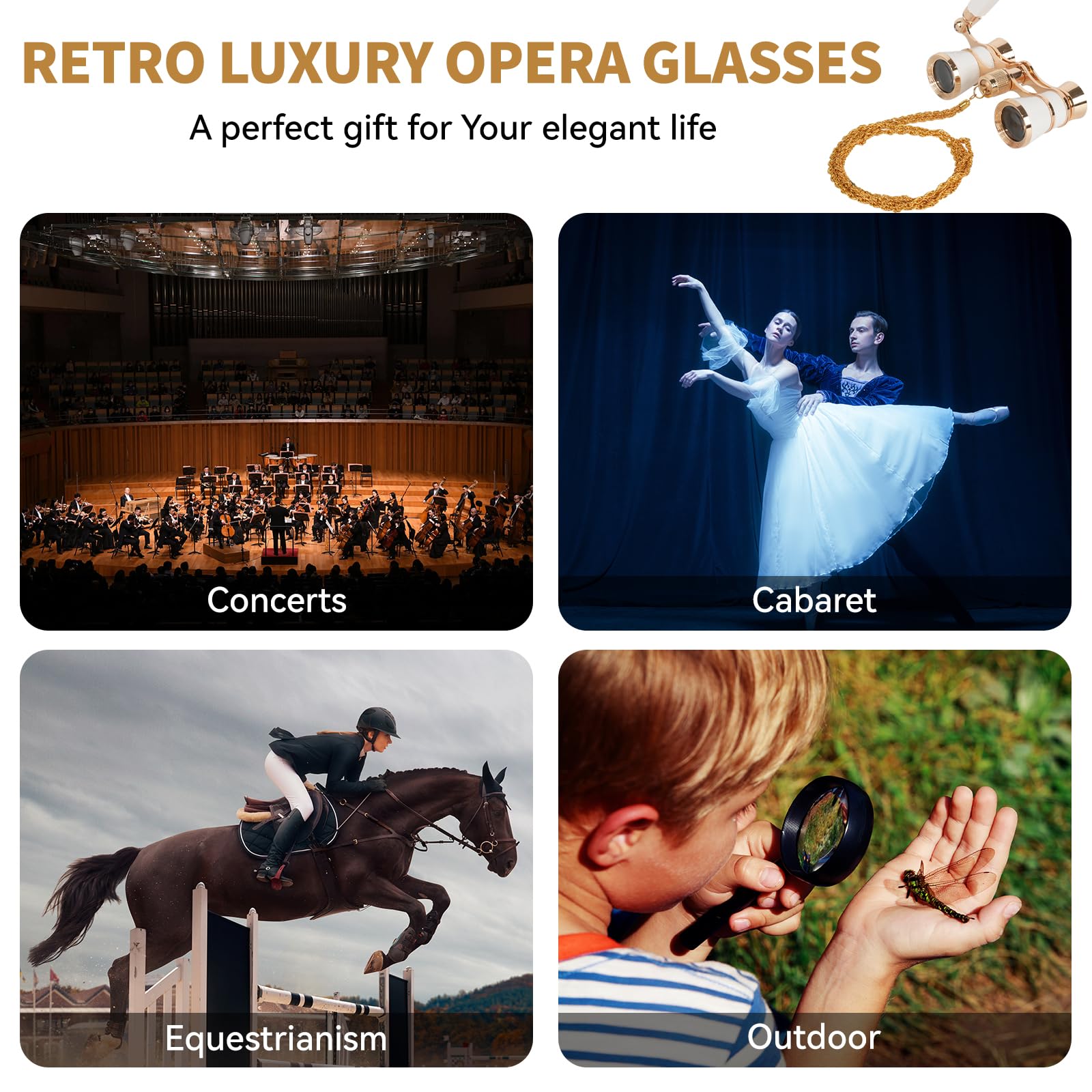 Gafas de ópera 3 x 25 para mujer con mango ajustable y cadena, lente óptica BK9, mini prismáticos compactos vintage para teatro, adultos y niños en concierto musical de ópera, color blanco 8