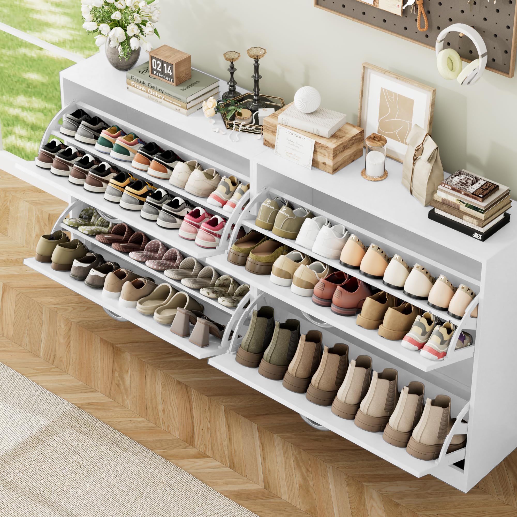 FirFurd Scarpiera Portascarpe,Scarpiera Slim Salvaspazio con 2 Ante a Ribalta,Divisore Regolabile e Rimovibile,per 12 Paia di Scarpe 80x23.5x80cm Bianco