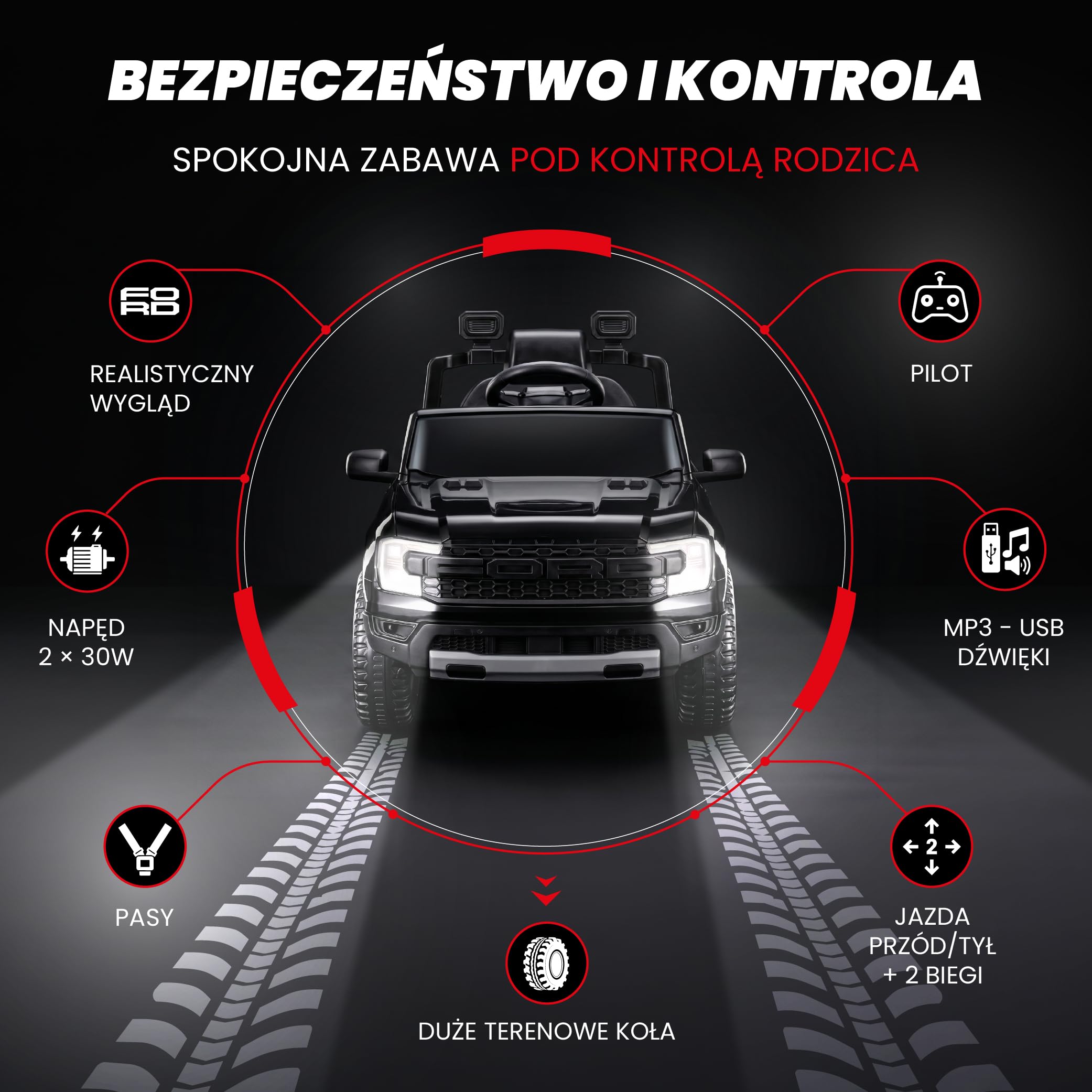 SUN BABY Ford Raptor - Auto na Akumulator dla Dzieci 3-6 Lat, Samochód Elektryczny 12V 4,5Ah, Pilot Zdalnego Sterowania, MP3, Światła LED, Amortyzatory - Czarny