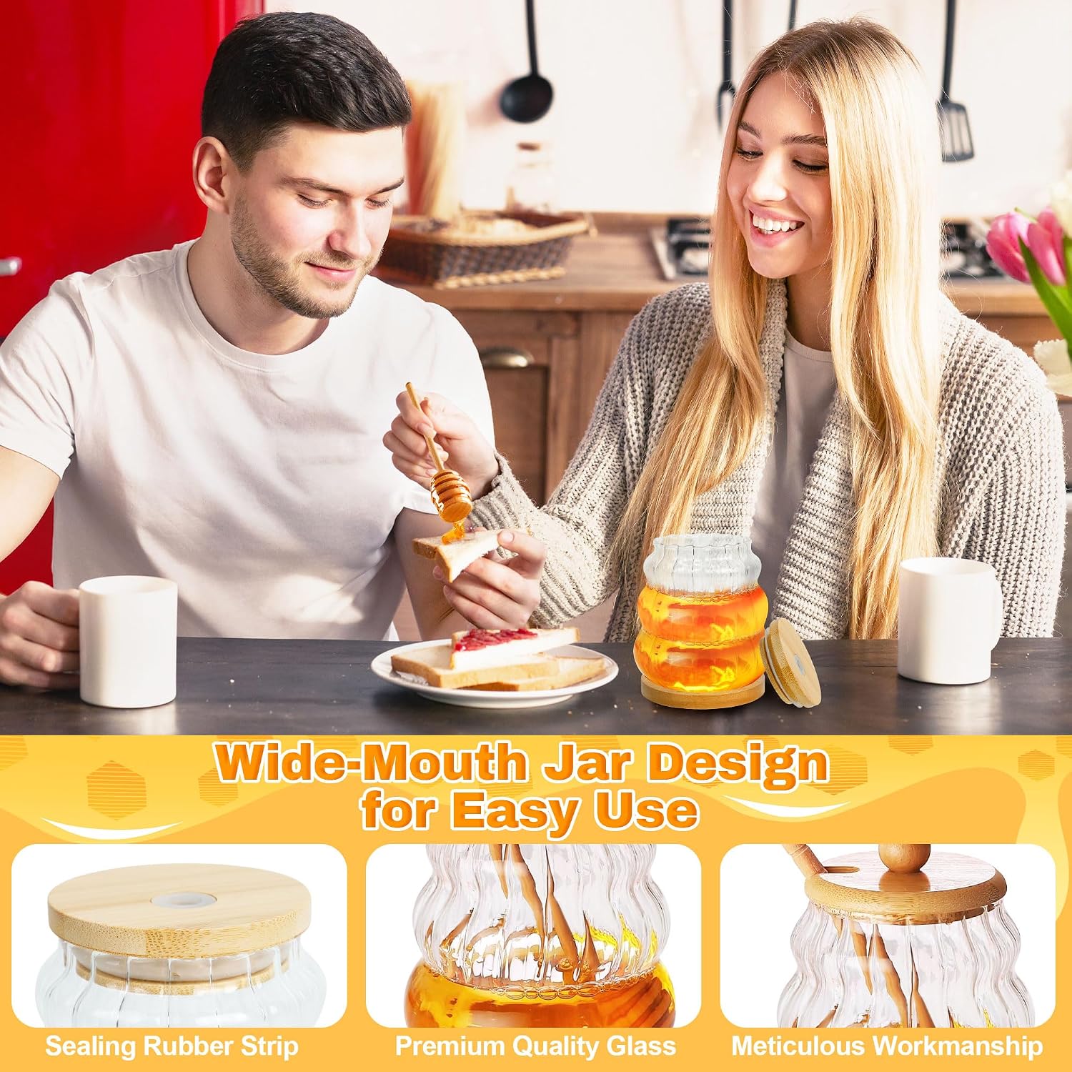 Loscarol Honey Pot with Dipper & Sealed Lid - 15 oz Glass Honey Jar with Wooden Honey Dippers Stick Tray Set, Wide Mouth Honey Containers - Airtight Syrup Dispenser for Home Kitchen