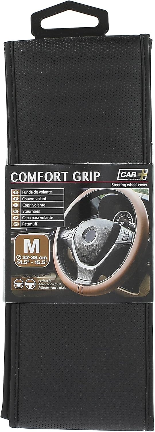 CAR+ Flat Steering Wheel Cover, Medium, Black with Black Micropierced Stitching