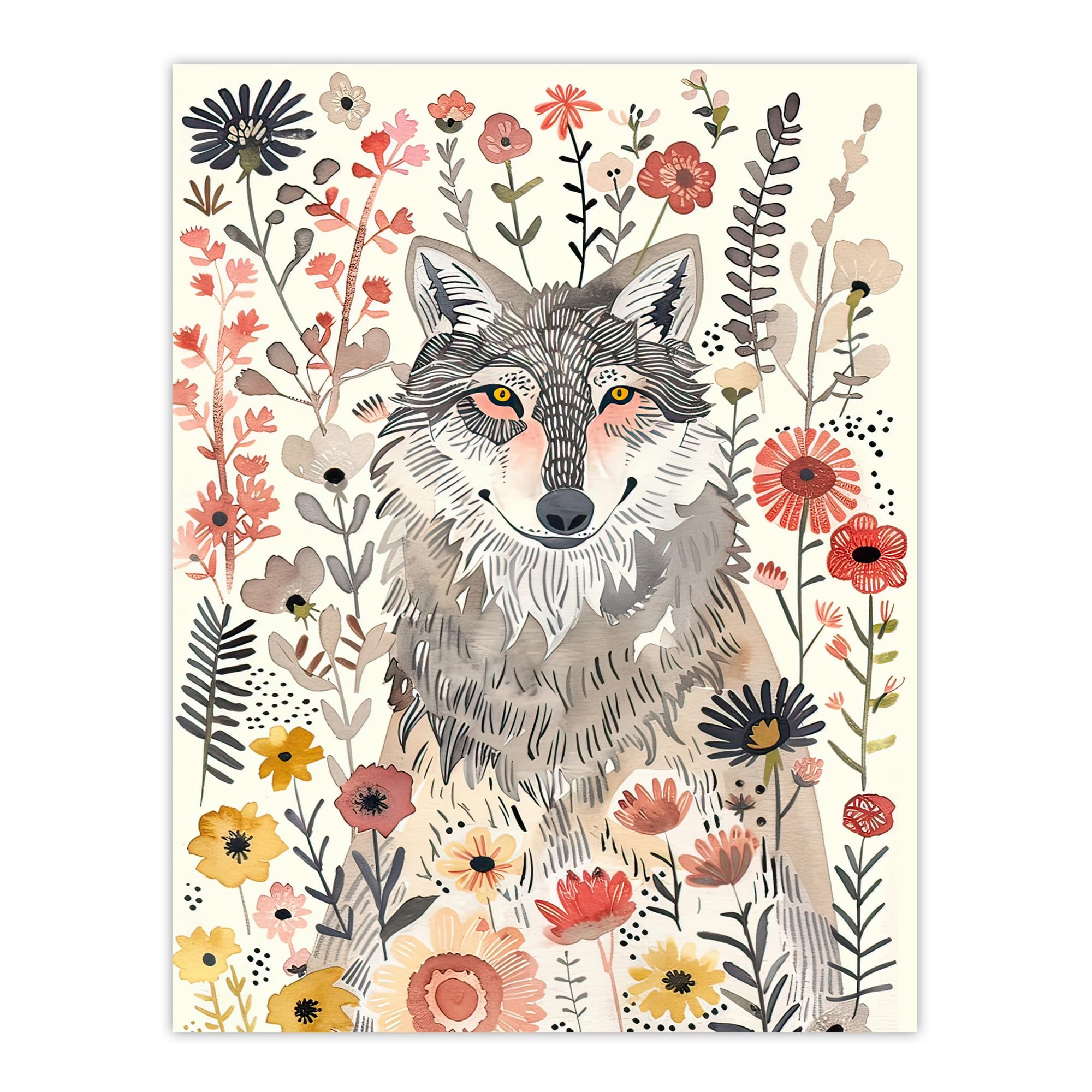 Artery8 Smiling Wolf Wildflower Meadow Floral Watercolour Living Room Large Wall Art Poster Print Thick Paper 18X24 Inch