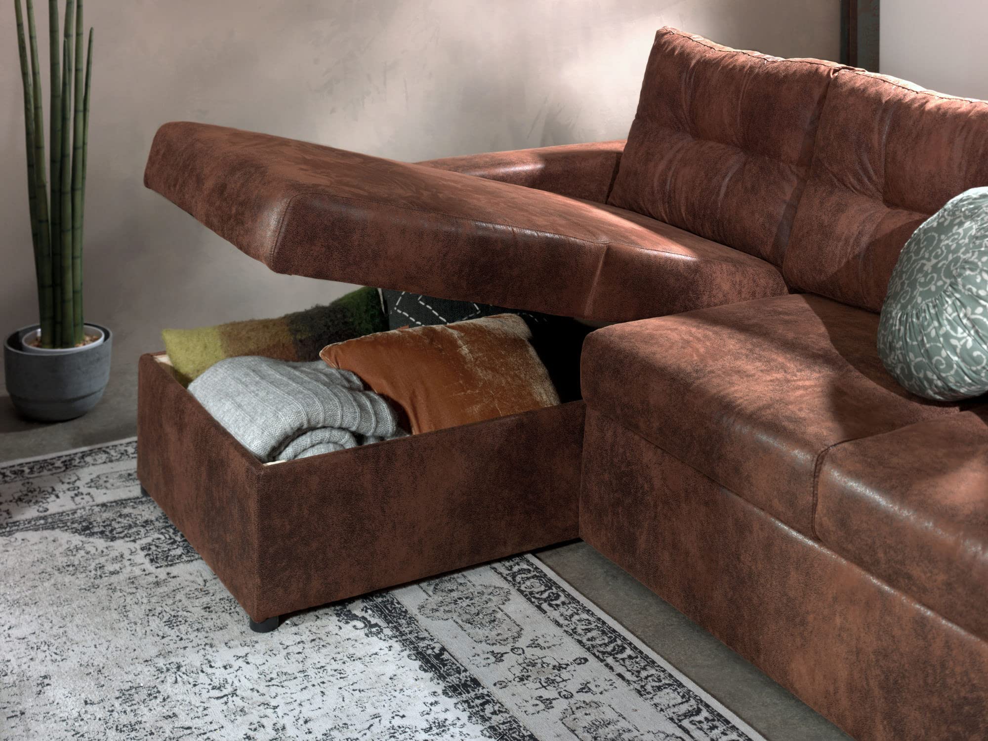 Bestmobilier Astoria - 4-Sitzer Ecksofa beidseitig montierbar - mit Schlaffunktion und Bettkasten - Industrieller Stil Braun