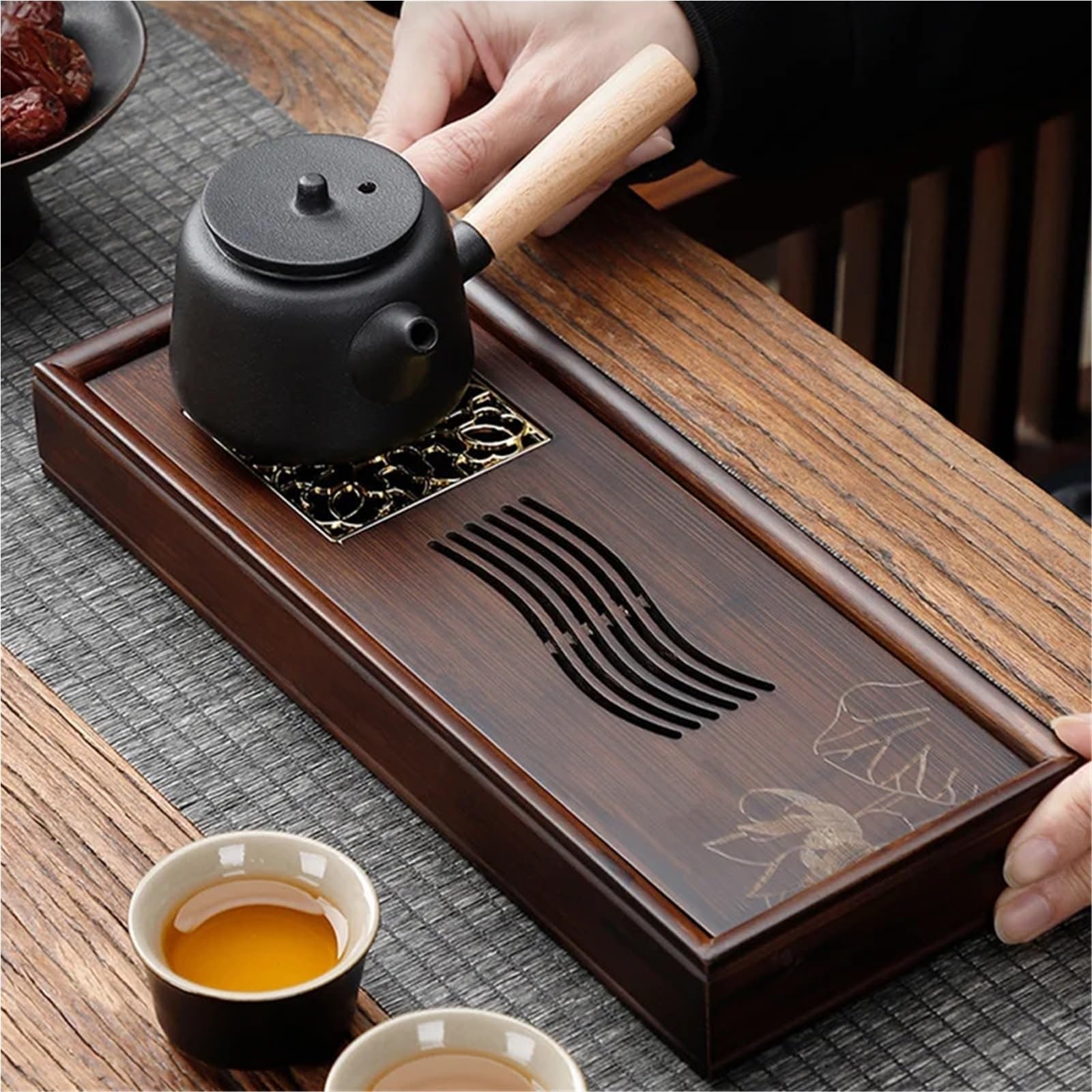 Vassoio da tè in bambù per kung-fu, pannello cavo con contenitore, elegante set di accessori per la casa (L40 x 21 x 5 cm, 1000 ml) per cerimonia del tè tradizionale