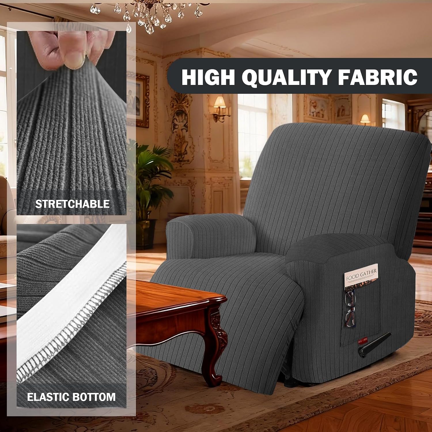 3 Pieces Stretch Recliner Chair Covers - Striped Pattern Slipcovers & Durable Furniture Protectors for Kids and Pets (1 Seater, Dark Gray)