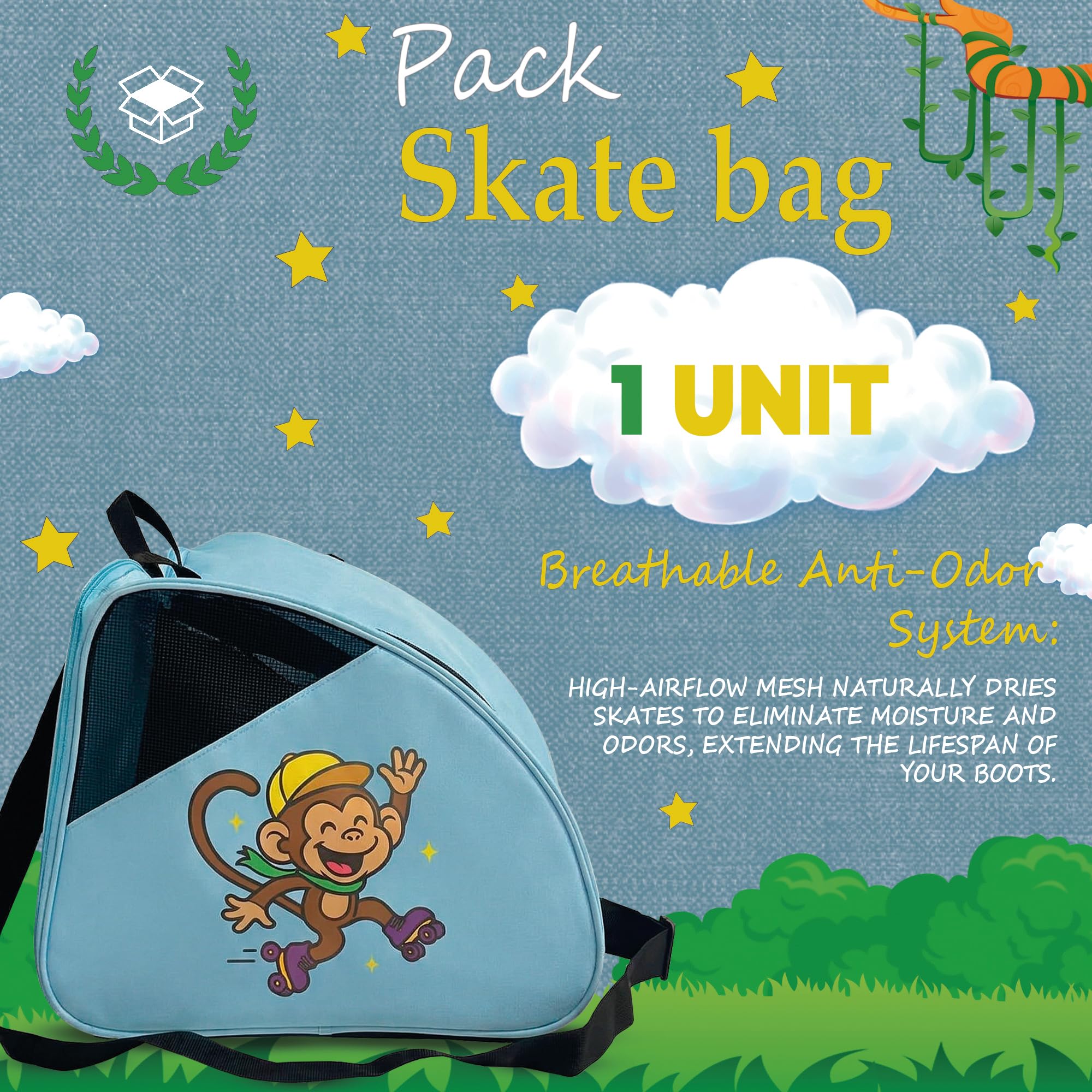 DOJA Barcelona Bolsa para Patines para Niños - Azul Mono - Correa Ajustable y Acolchada, Mochila Patines, Buena Capacidad para Equipamiento y Calcetines, Bolsa Niña y Niño, Material Resistente