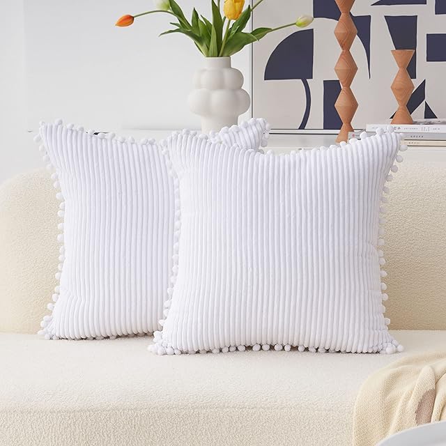 Home Brilliant White Cushion Covers 45 x 45 Fabric Poms Corduroy Pillow Covers for Couch Bed, 45x45 cm, Set of 2, Pure White