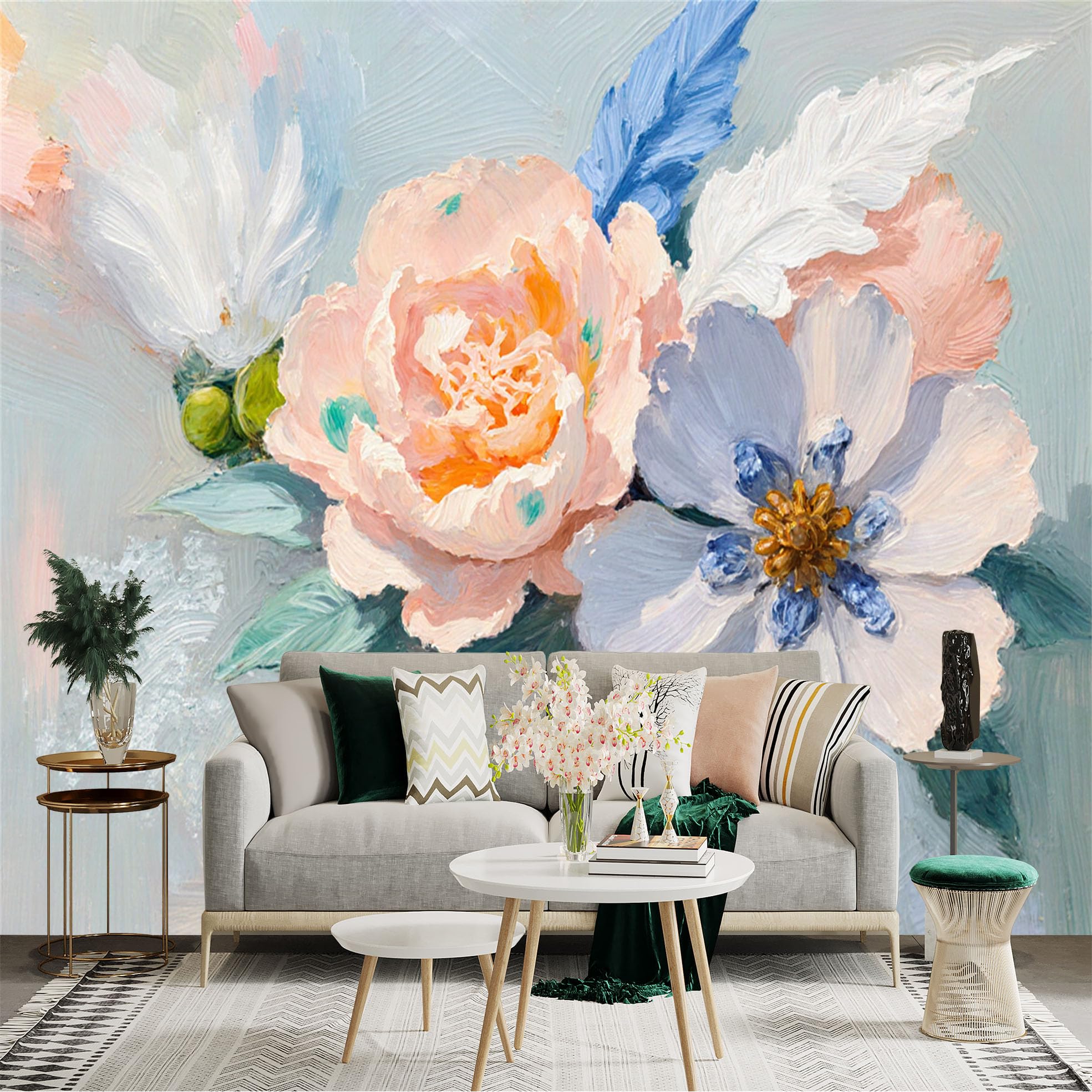 Custom Size Wall Sticker Mural， Impressionist Oil Painting of Soft Pastel Peony Flowers， Elegant Botanical Floral Art， for wall Decoration， peelandstick wall Decals.