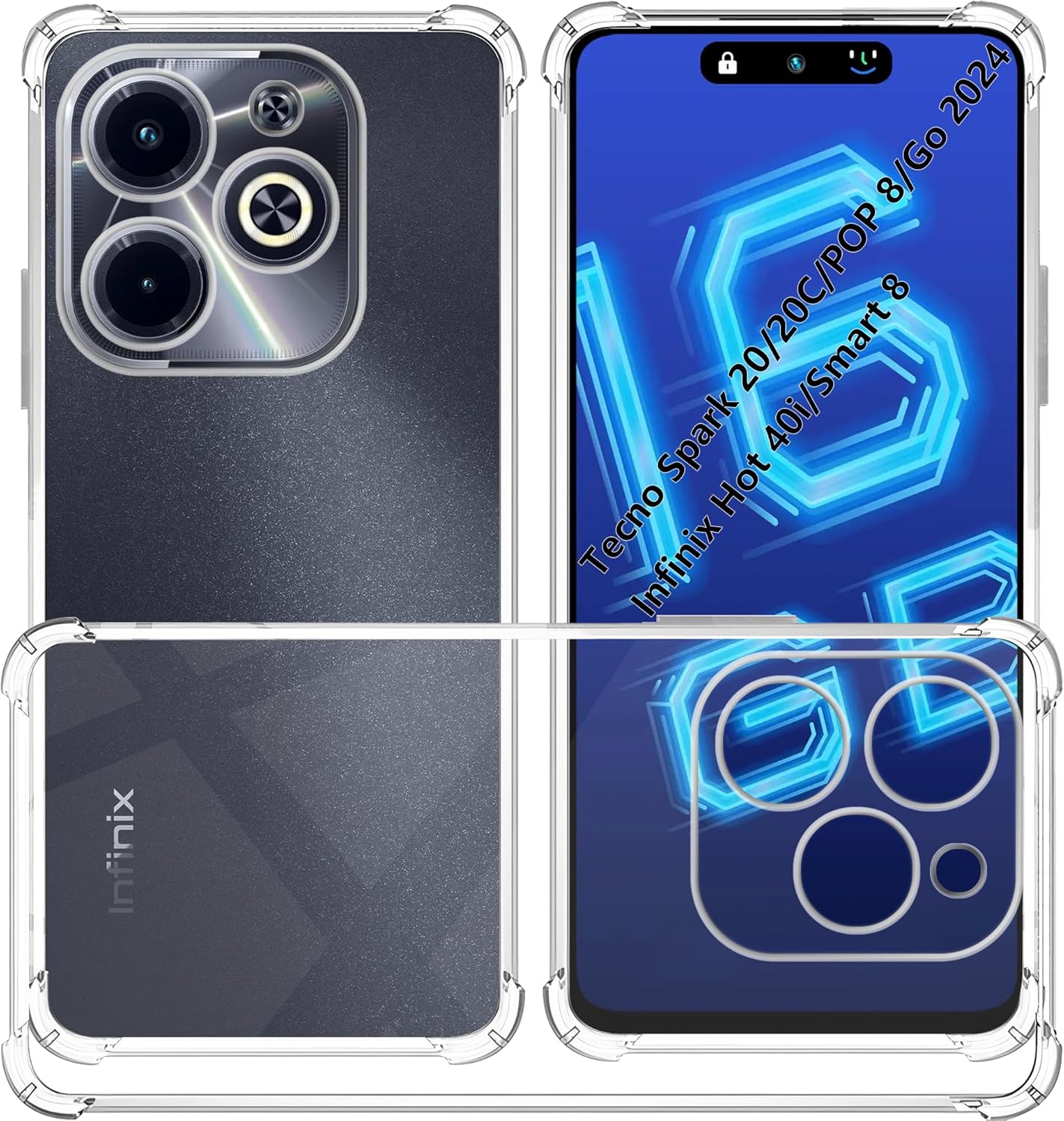 Case for Tecno Spark 20/20C/POP 8/Go 2024/Infinix Hot 40i/Smart 8 Clear TPU Four Corners Military-Grade Protection Cover Transparent Soft funda