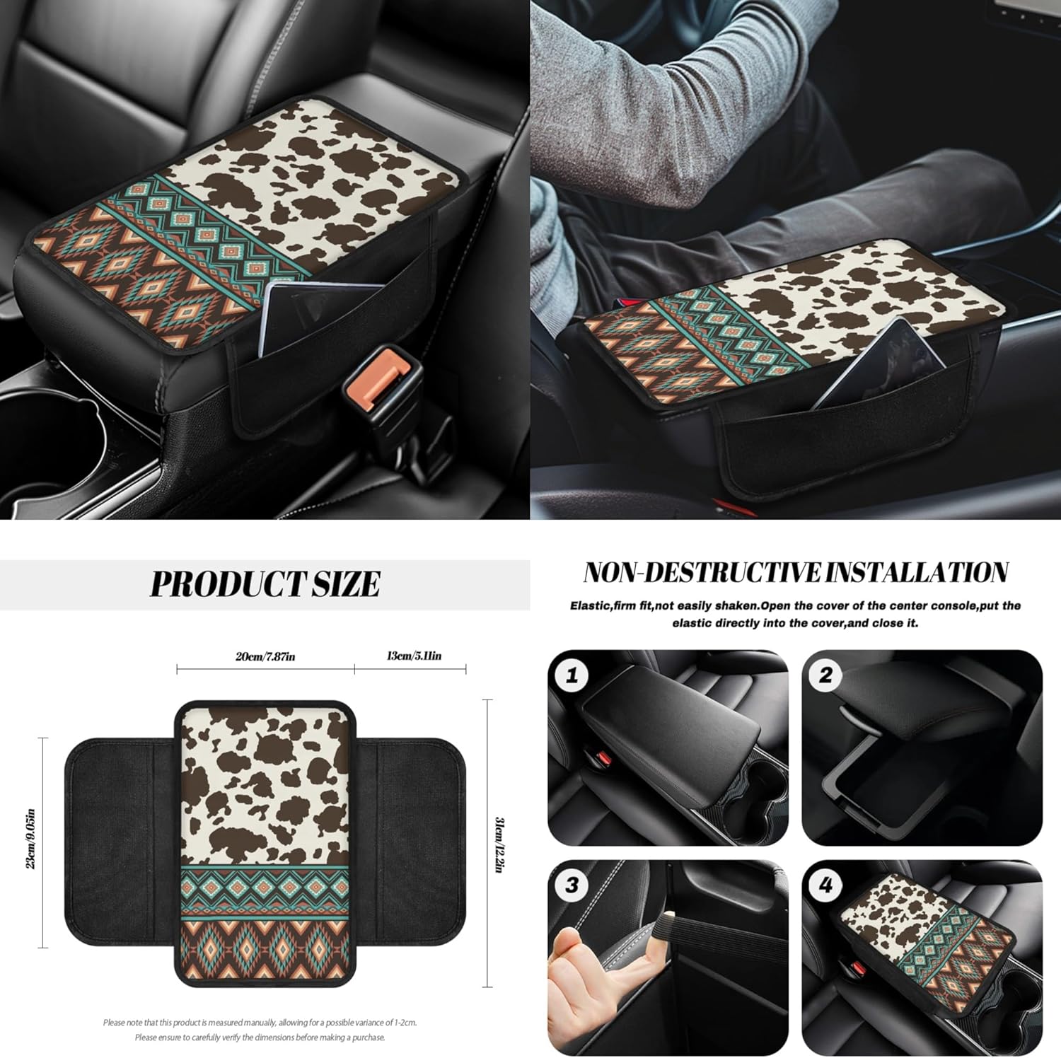 Cow Print 14 Pack Car Accessories Set, Auto Seat Covers Steering Wheel Cover Southwest Aztec Tribal Seatbelt Strap Pad Trash Can Armrest Pad Cup Holders Rearview Mirror Handbrake Cover Set