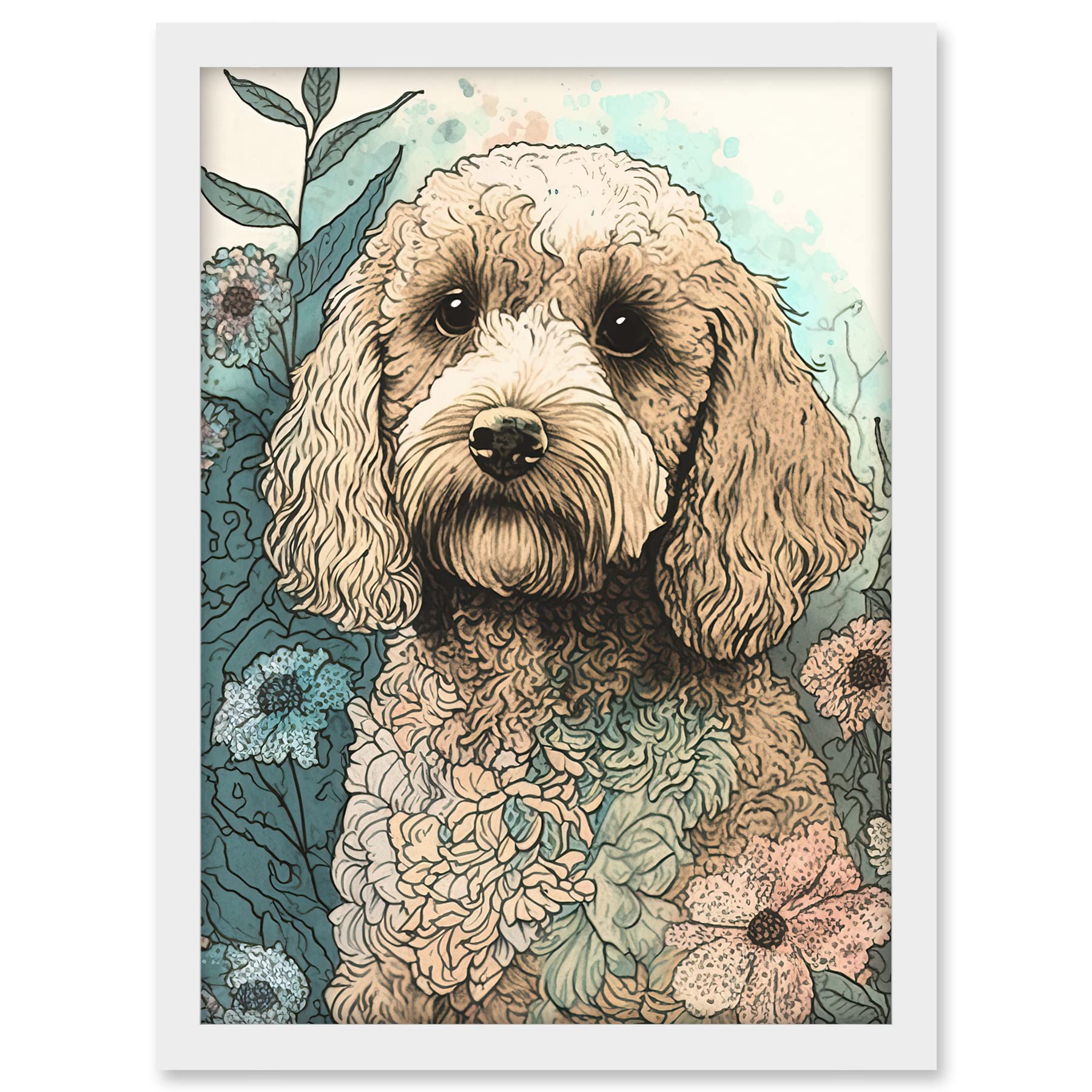 Artery8 Cockapoo Dog in Wildflower Field Pastel Watercolour Illustration Artwork Framed A3 Wall Art Print