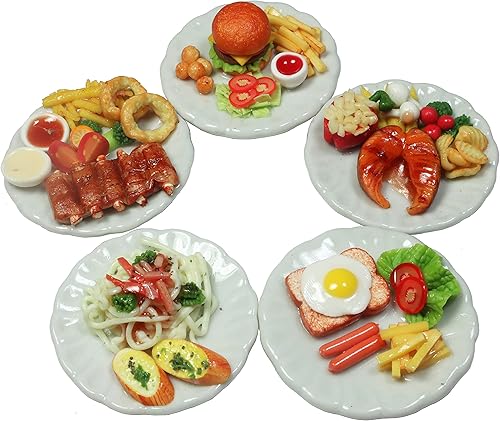 Juego de 5 piezas de comida en miniatura para casa de muñecas – Costillas de cerdo hechas a mano, filete de salmón, hamburguesa y espaguetis en