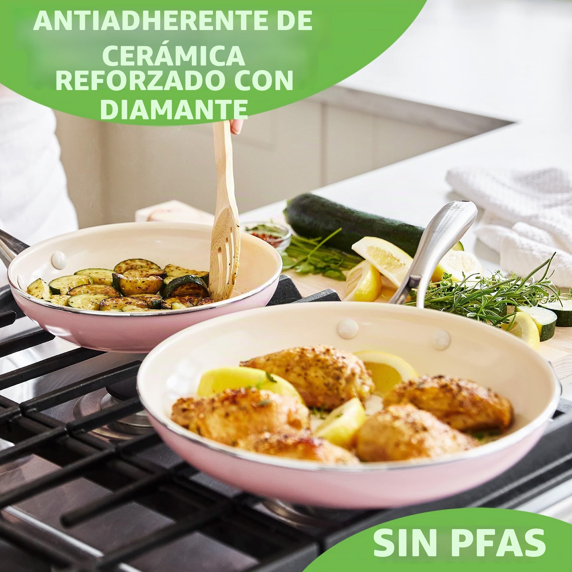 GreenLife Artizan Juego de Sartenes de Cerámica Antiadherente, Libre de PFAS, Apto para Inducción, Apto para Lavavajillas, Apto para Horno,Rosa