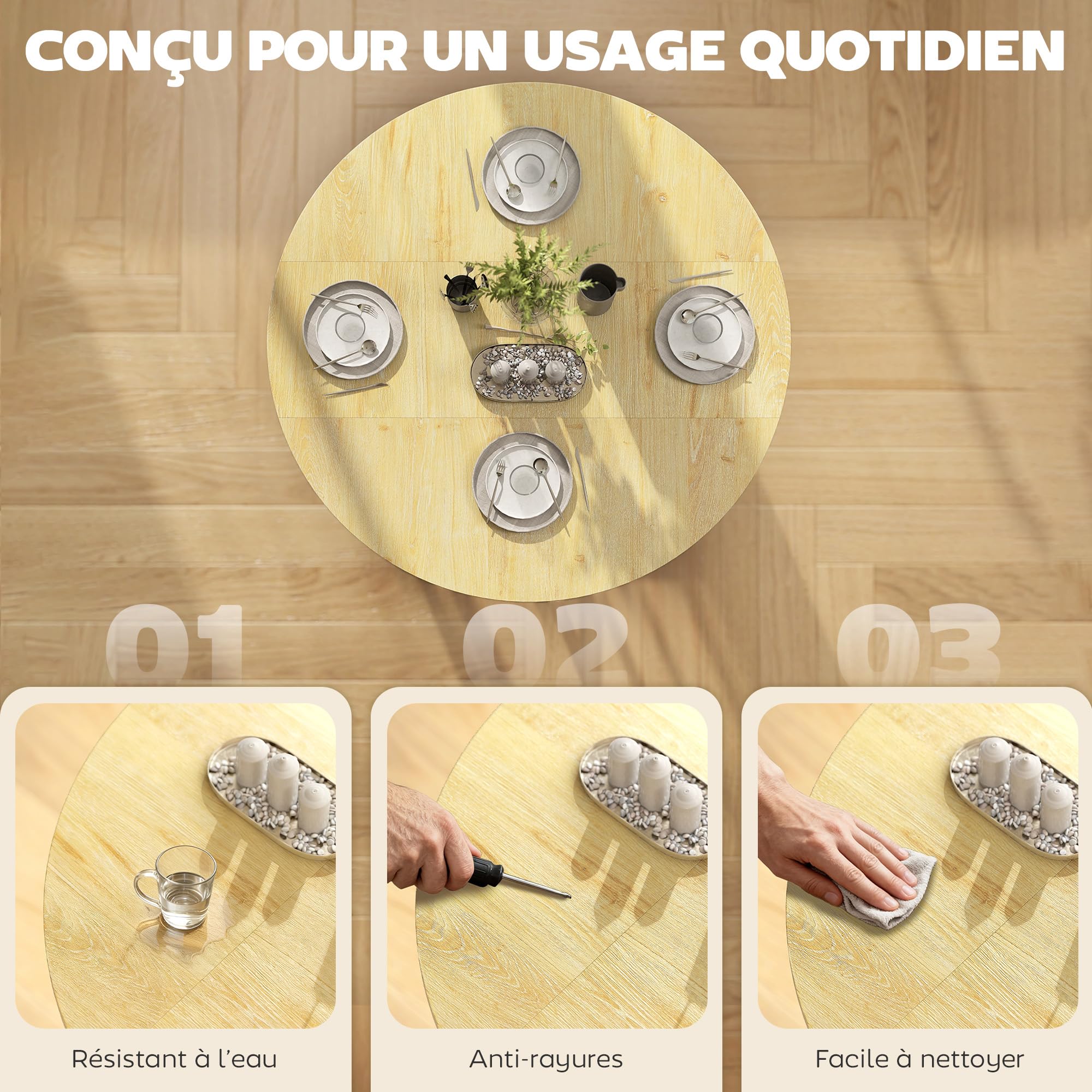 HOMCOM Table à Manger Pliante sur roulettes Ronde 100 x 100 x 75 cm Chêne