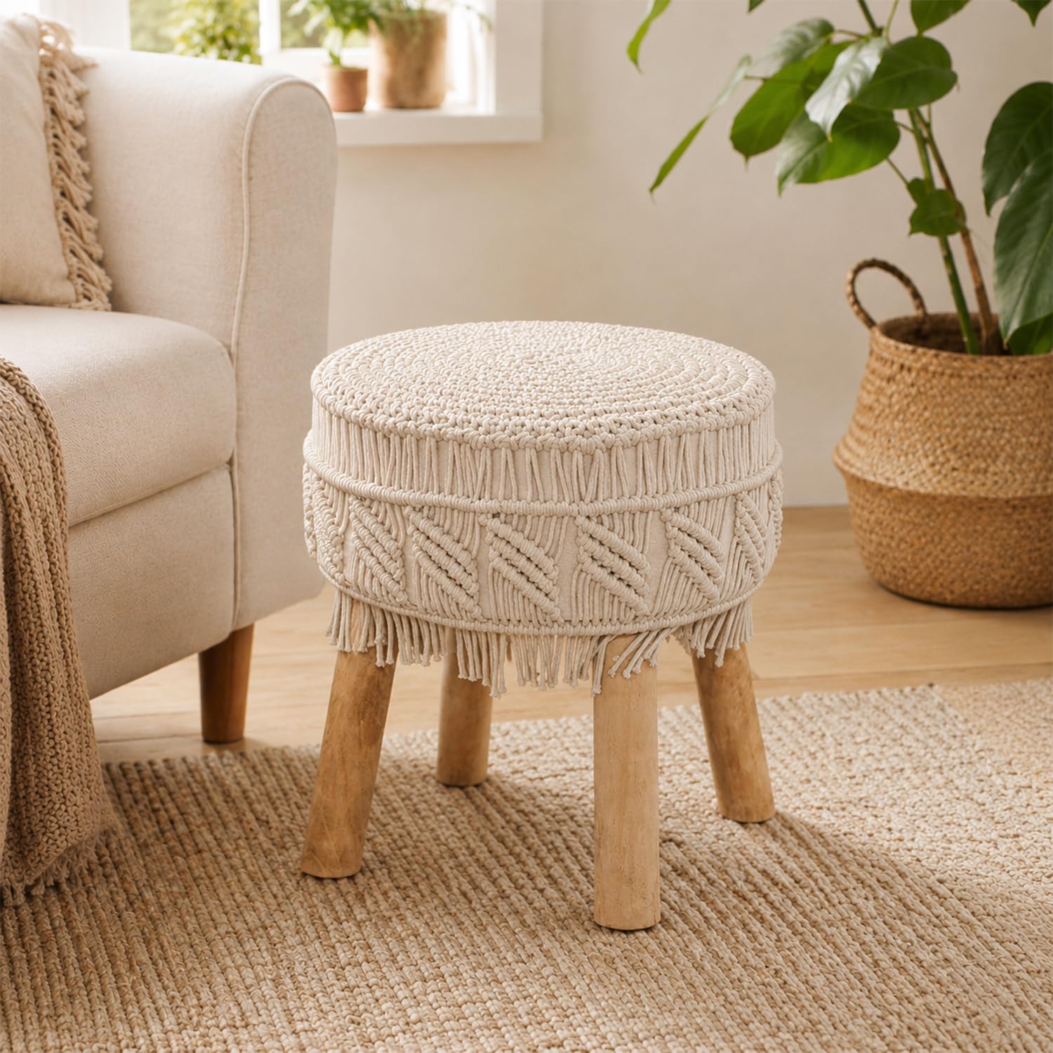Macrame Ottoman, Set of 1 | 16x16x16 Inch Handmade Cotton Rope Boho Pouffe with Wooden Legs | Round Footrest & Seating Stool for Living Room, Bedroom, Balcony & Dressing Area (Design 2)-image-3