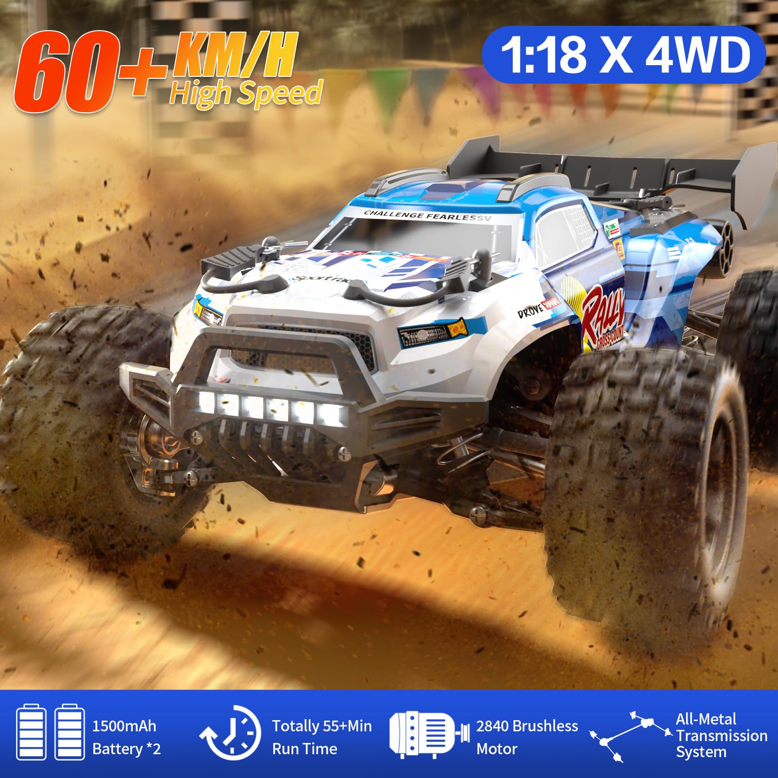 YONCHER 18101 Pro Coche Teledirigido Adulto, 1:18 60KM/H Brushless RC Coche, 4WD Offroad RC Truck,4x4 Crawler con 2 Baterías 50+ Minutos para Niños