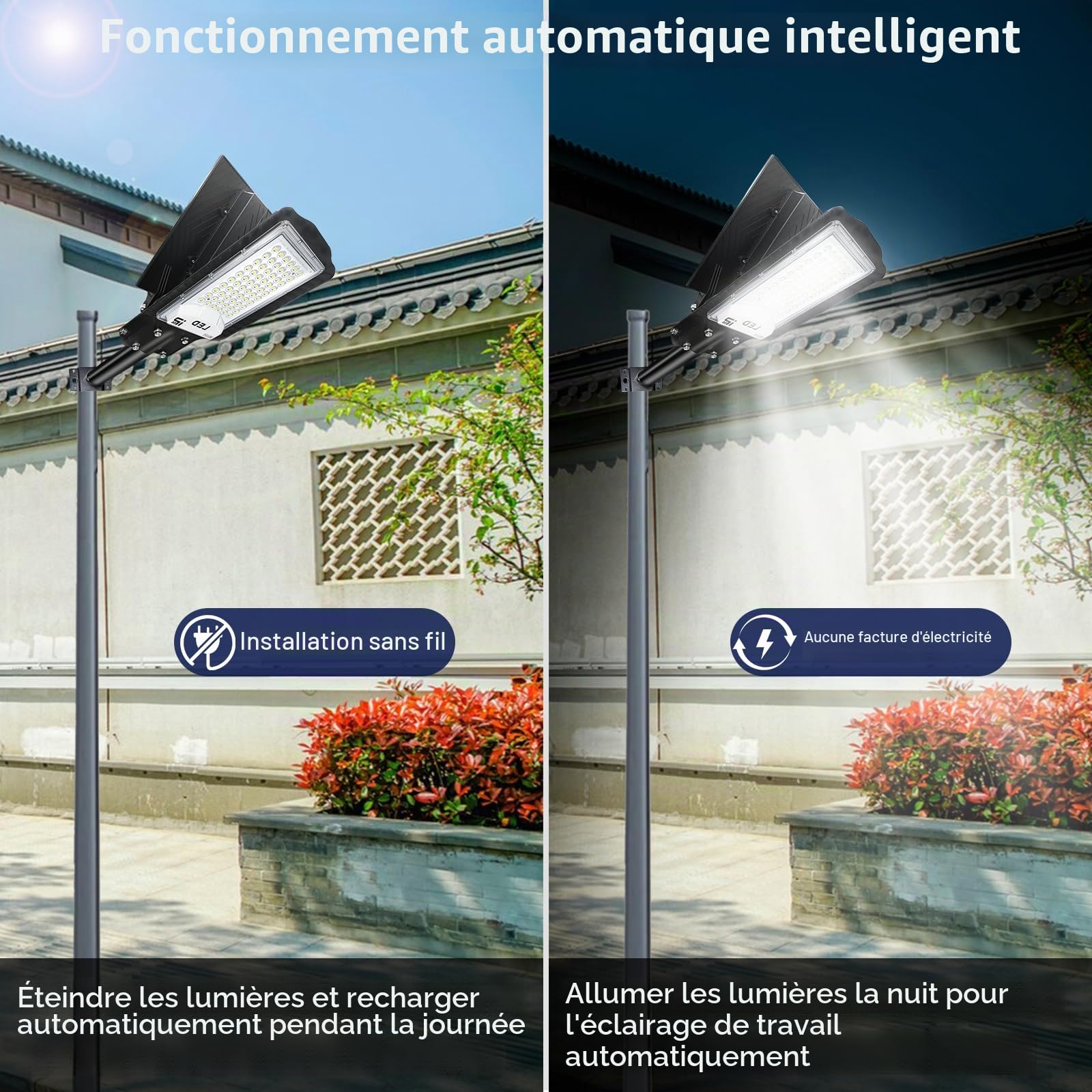 Eleganted Lampadaire Solaire Exterieur, IP66 Étanche Luminaire solaire, 30000LM Projecteur Exterieur Solaire, 6500K Lampe Solaire avec Télécommande, pour Parking Patio Rue Jardin, Cour