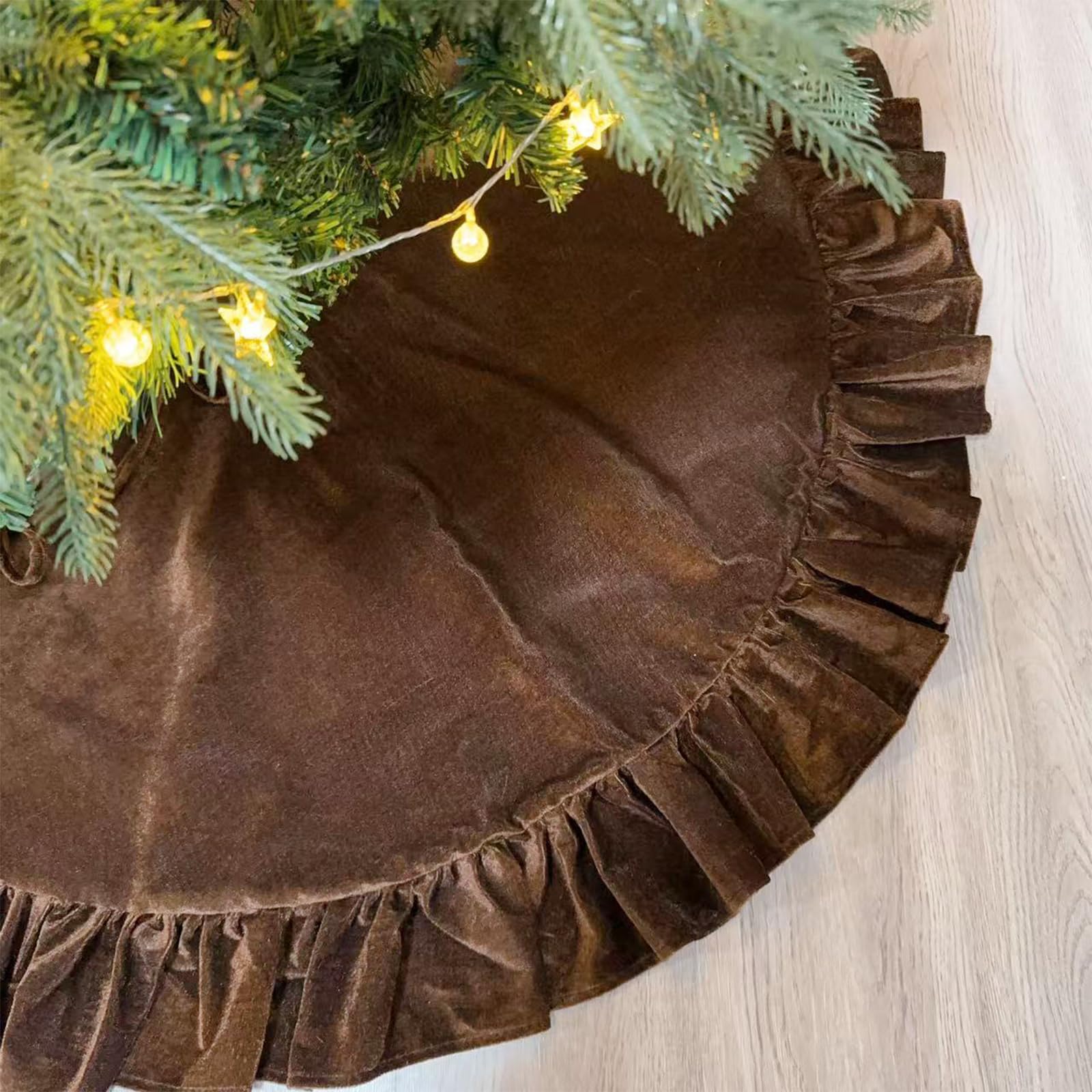 DecroXmas 60 Inch Christmas Tree Skirt Brown Xmas Tree Base Cover Mat Brown Velvet Christmas Tree Skirt Ruffled Christmas Tree Decorations for Home Party Festival — image 1