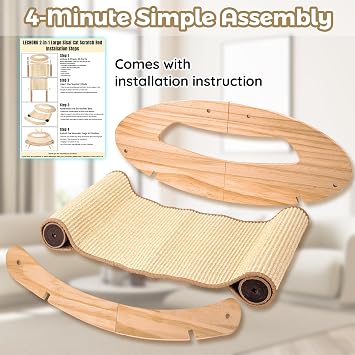 LECHONG 3-in-1 Large Sisal Cat Scratch Bed, Thicker Natural Sisal 22 Elevated Wooden Frame Hammock Lounge for Indoor Cats Sleep, Scratch & Play