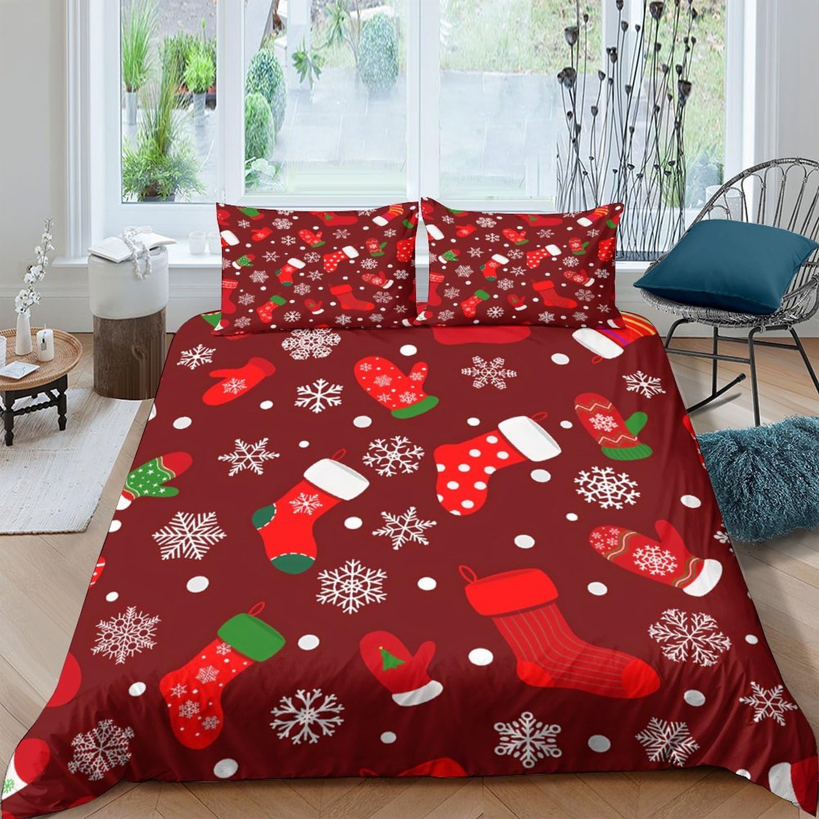 GPLZQXKJNH 3D Printed Christmas Stockings Duvet Cover Microfiber Soft Snowflake Bedding Set with 2 Pillowcases for Bedroom Decor Single（135x200cm）