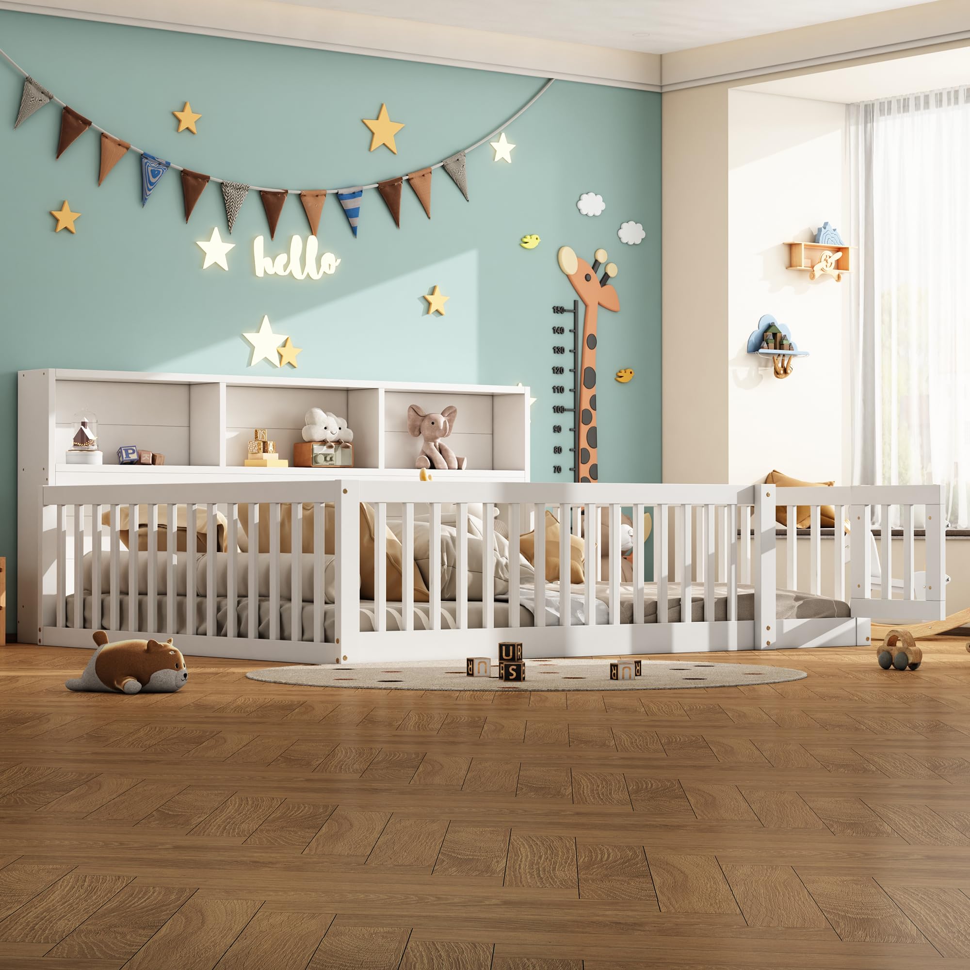 Letto da pavimento per bambini, 140 x 200 cm, con rete a doghe e protezione anticaduta, lato letto con scomparti multipli, stile semplice, per ragazzi e ragazze, in legno di pino, bianco