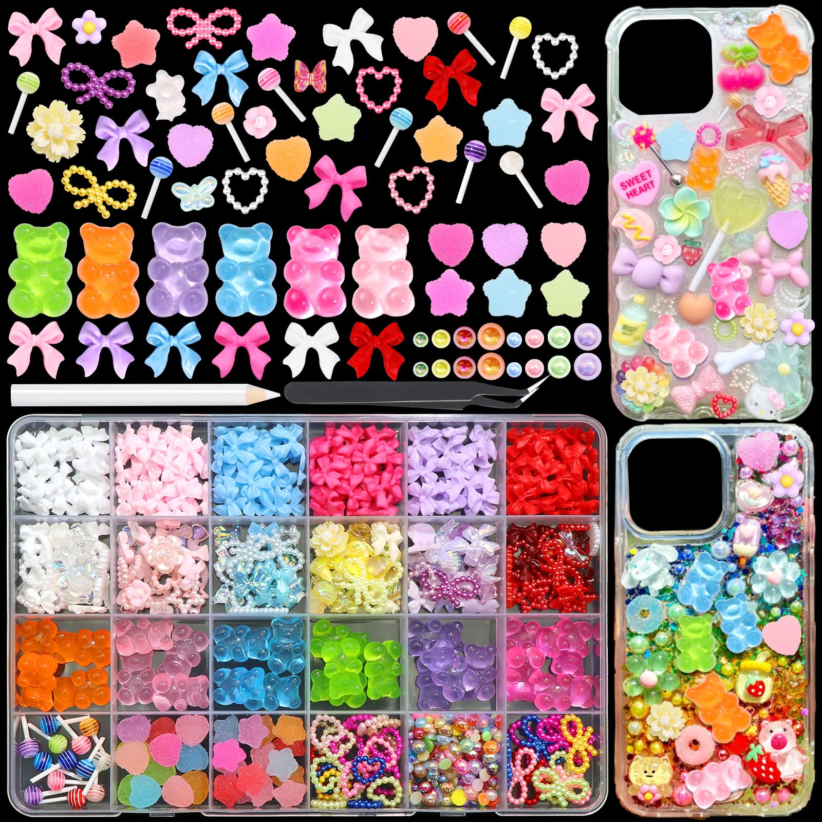 RODAKY Candy Junk Case Charms Kit Colored Bear Bow Charm for Cases 3D Lollipop Star Heart Charms Craft Design Resin Flatback Pearl Embellishment