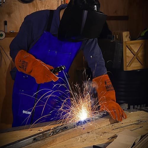 Miniatura 19 de QeeLink Delantal de soldadura de cuero con 6 bolsillos, delantal resistente al calor y al fuego, 24 x 42 pulgadas, ajustable de M a XXXL