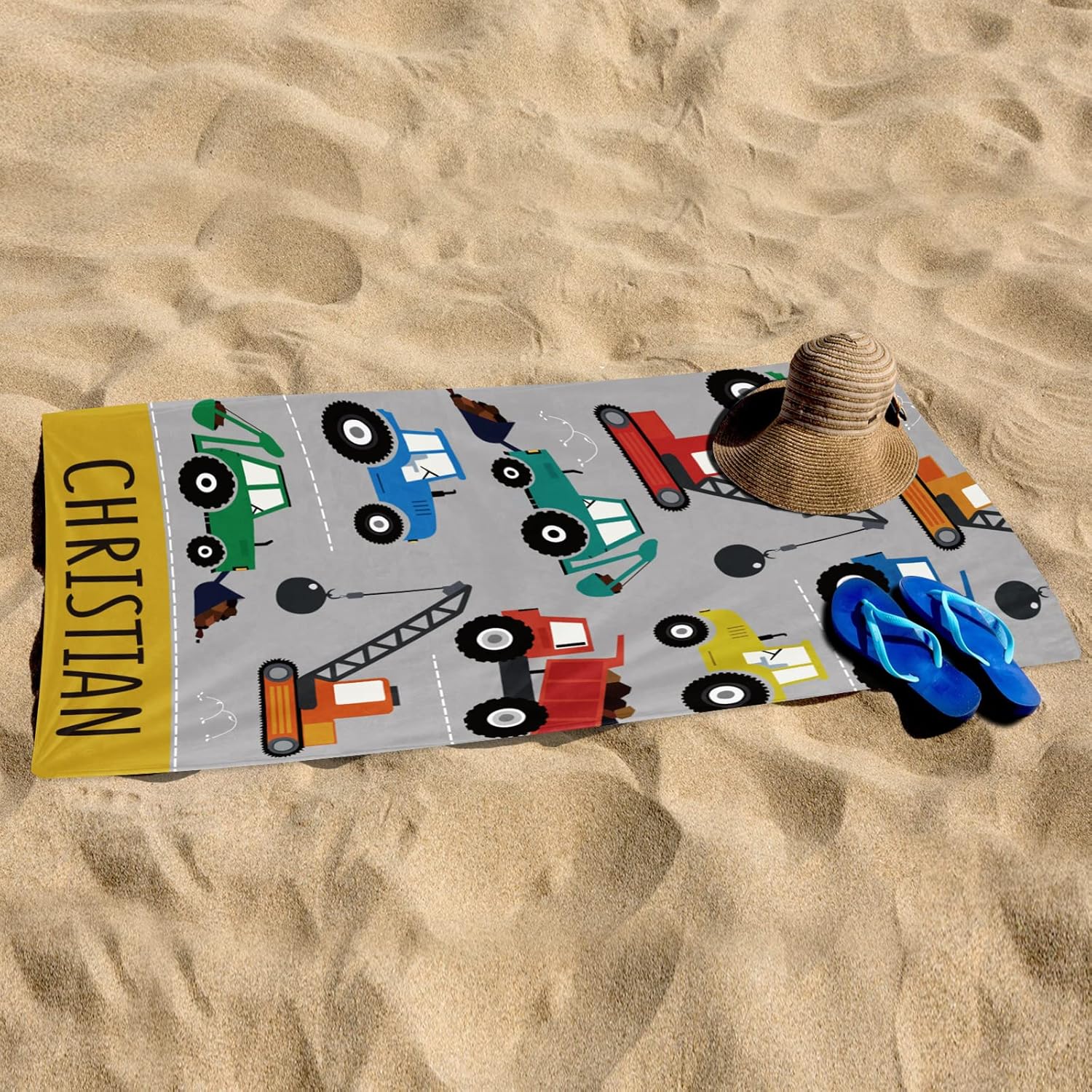Personalized Beach Towel for Kids - Quick Dry Construction Car Towel for Boy with Custom Name - Perfect for The Beach or Swimming Pool(35" x 70")