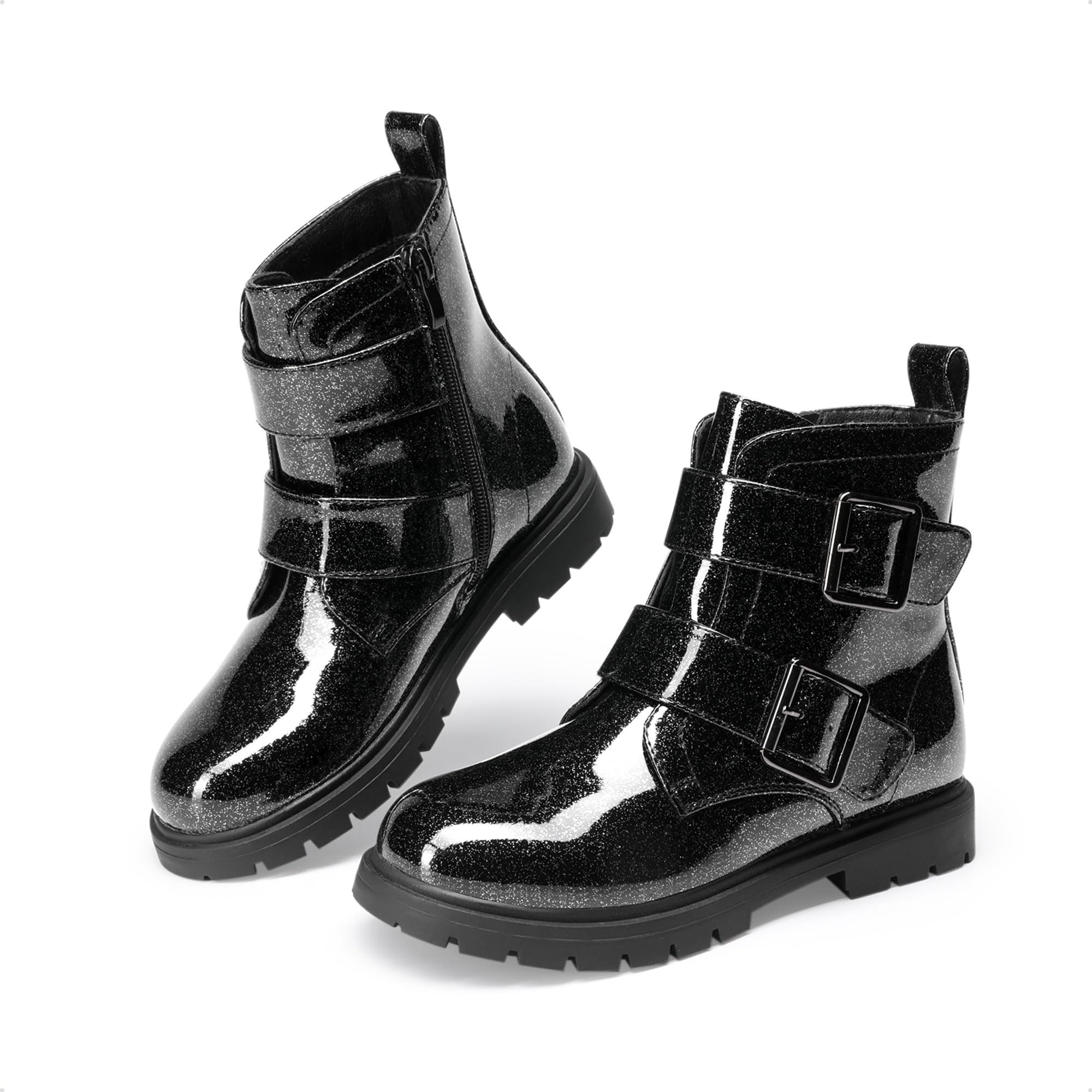 DREAM PAIRS Botines con purpurina para niñas y niños, con cremallera lateral, zapatos de combate con hebillas para niños pequeños, niños grandes