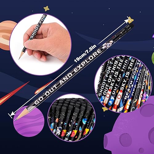 Miniatura 3 de Kolewo4ever 100 lápices temáticos espaciales, divertidos lápices de astronautas con borrador a juego para aulas, recompensa para estudiantes,