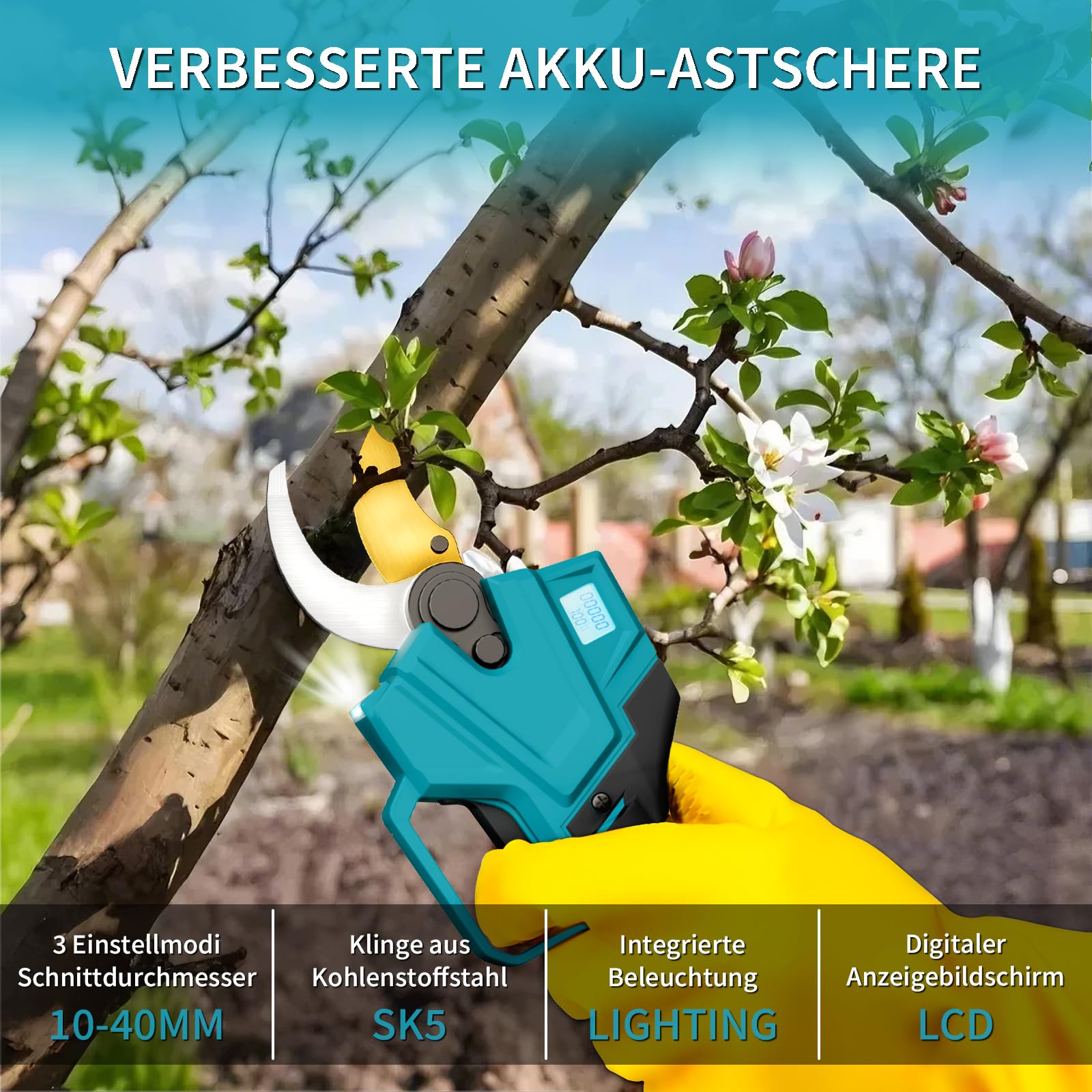 Akku-Astschere,Elektrische Gartenschere,bis 40mm Aststärke,mit 2 x 4000 mAh Akkus,1000W bürstenloser Motor,Sicherheitsschalter,LCD-Display,Ladegerät,8 Stunden Dauerbetrieb