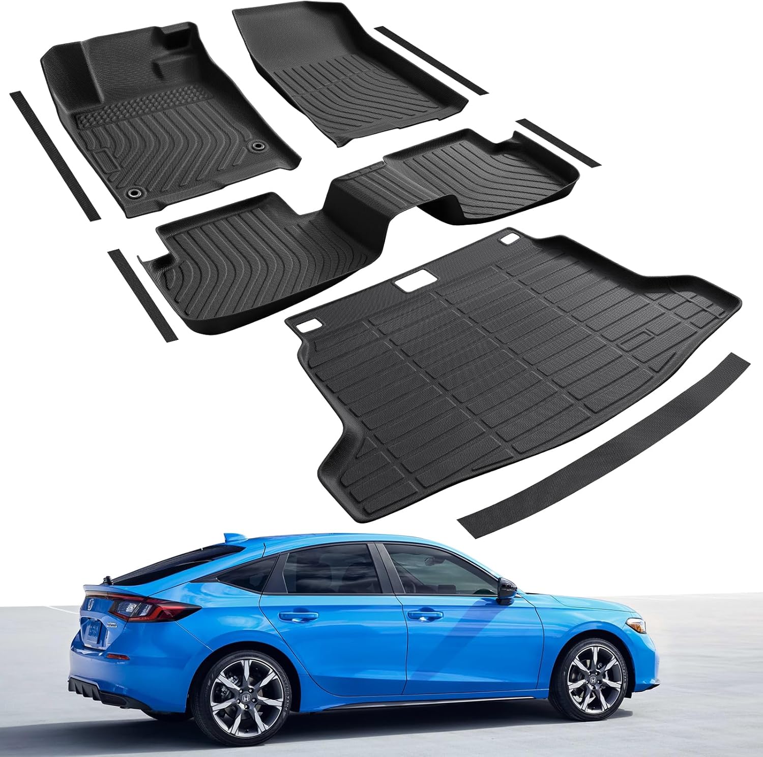 Floor Mats & Cargo Liner for Honda Civic Hatchback 2022 2023 2024 2025 2026, 9 Pcs TPE Car Mat for 2022-2026 Honda Civic All Weather Floor Mats Trunk Cargo Mat & Door Sill Protector